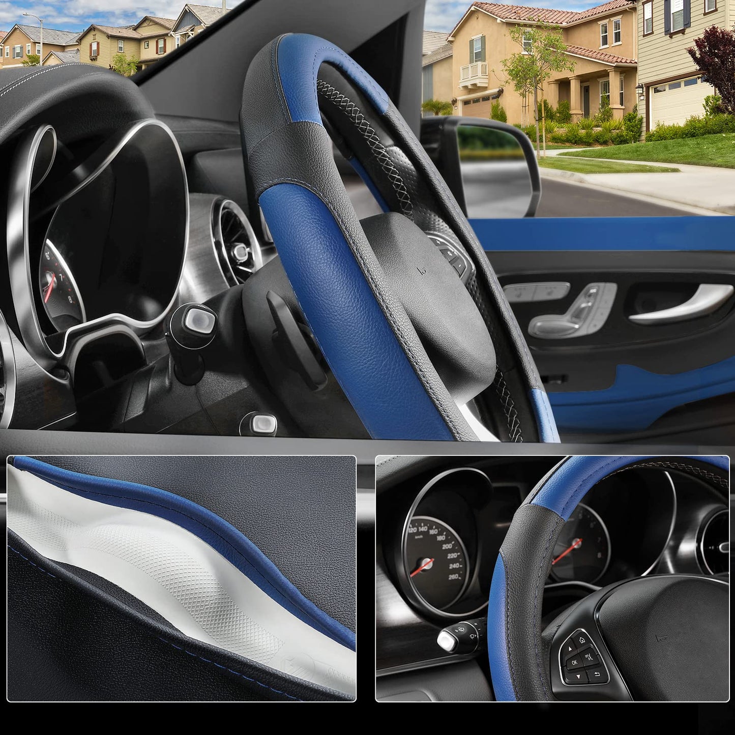 SEG Direct Car Steering Wheel Cover Universal Standard Size 14.5-15 inch, Black and Blue Microfiber Leather