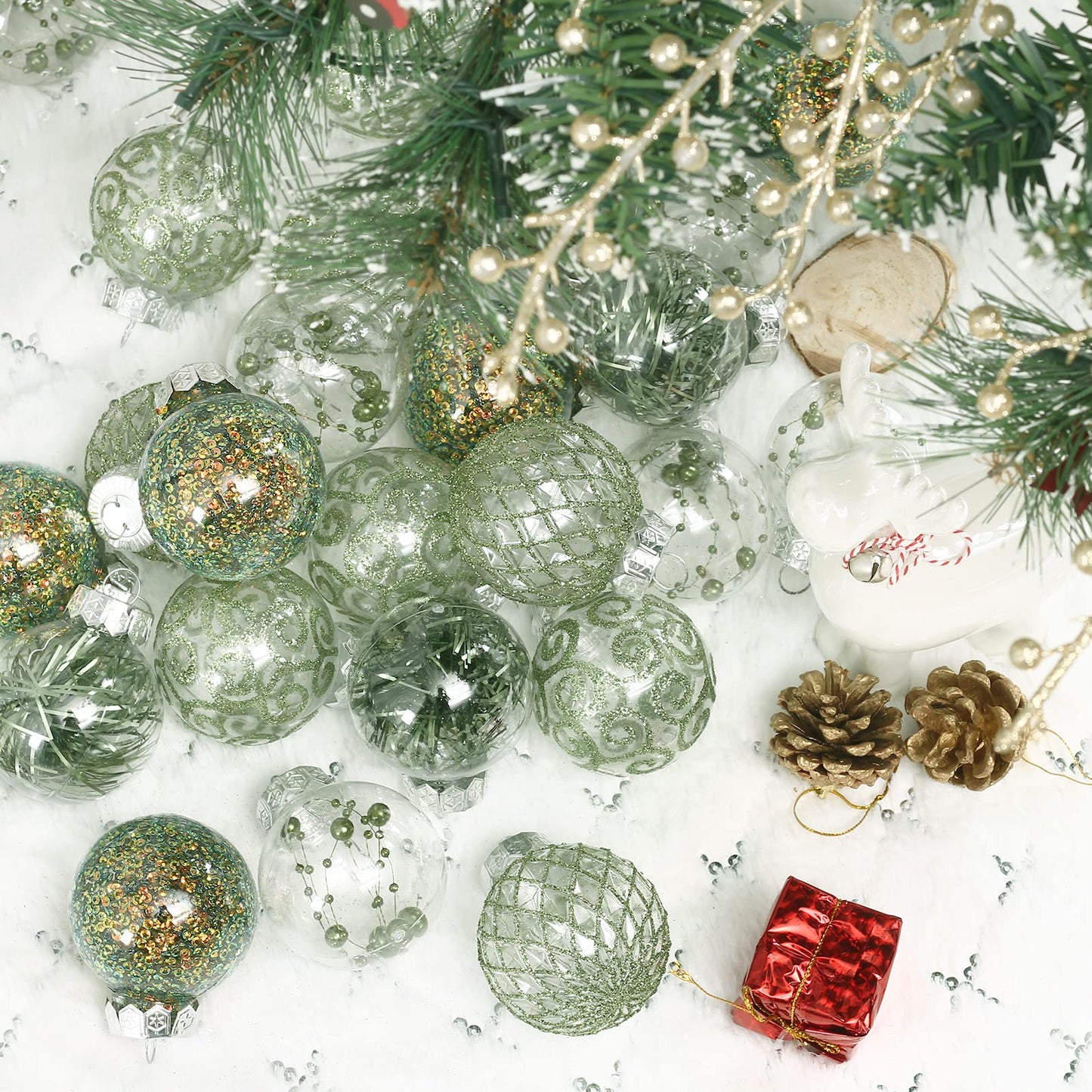 60MM/2.36" Clear Christmas Ornaments Set, 25PCS Shatterproof Decorative Hanging Ball Ornament with Stuffed Delicate Decorations, Xmas Tree Balls for Holiday Party - Green.