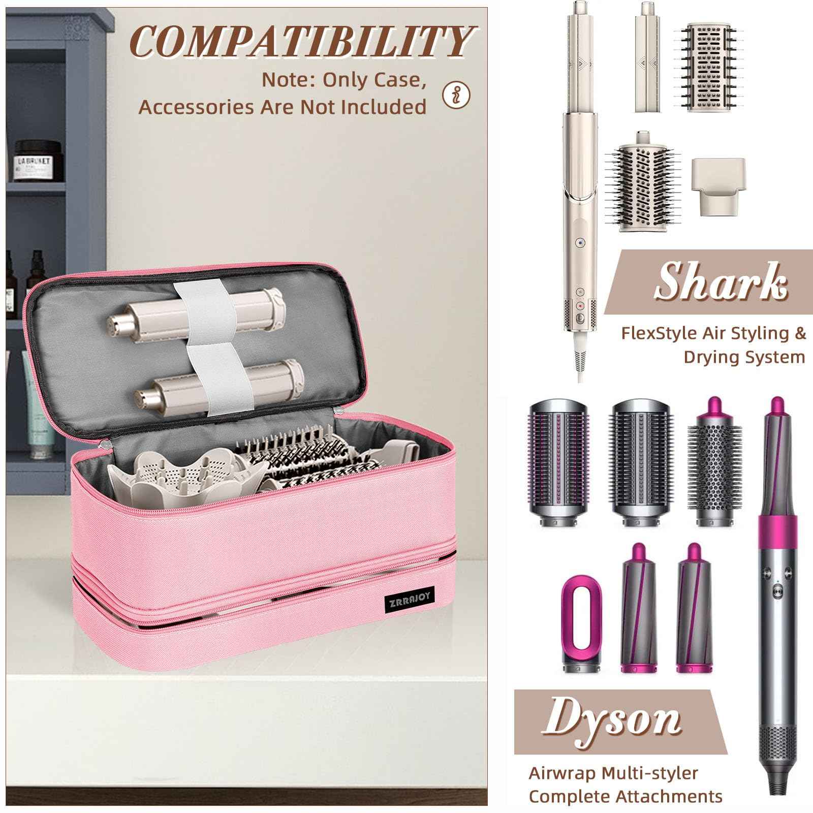 ZRRAJOY Double Layer Storage Case For Shark Flexstyle, Travel Carrying Case For Shark 430/440 Flexstyle, Organizer Bag For Shark Flexstyle/Dyson Airwrap Styler Attachments (Pink)