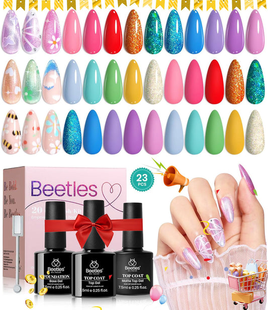 Beetles Neon Gel Nail Polish Set 23 Pcs, Cat Eye Rainbow Nails Glitter Pastel Bright Red Green Pink Sparkle Effect Soak Off UV Gel with Base Top Coat Summer Manicure Kit, Gifts for Women Girls