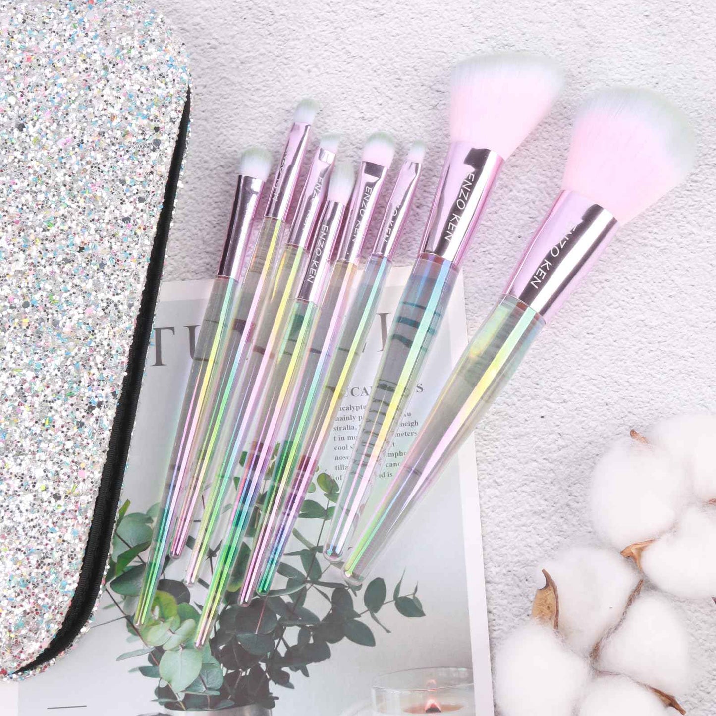 Rainbow Crystal Makeup Brushes Set Professional, Vegan Makeup Brush Set with Case by ENZO KEN, Bedazzled Cosmetic Brushes Makeup Set, Sparkly Make up Brushes Set Professional, Makeup Brush Set Vegan.