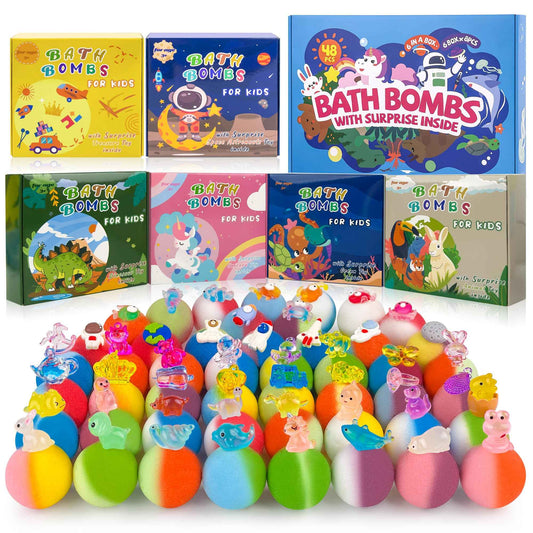 48pcs Bath Bombs for Kids with Toy Inside, Organic Colorful Bubble Bath for Kids Safe, Best Birthday, Party, Easter Bath Bombs Gift Set for Girls and Boys