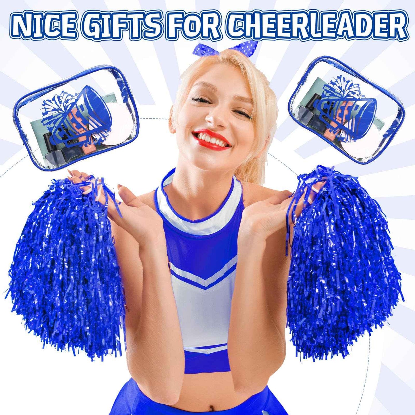 Kacctyen 24 Pcs Cheer Makeup Bag Cheer Gifts Bulk for Team 7 x 4.7 x 2.4'' Cosmetic Bag Cheerleader PVC Makeup Case Clear Toiletry Zipper Pouch for Cheerleading Teammates Party Supplies (Blue)