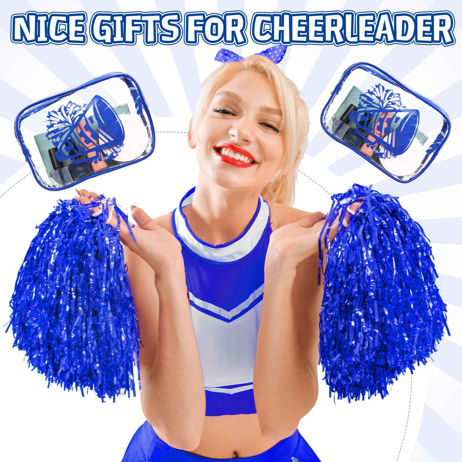 Kacctyen 24 Pcs Cheer Makeup Bag Cheer Gifts Bulk for Team 7 x 4.7 x 2.4'' Cosmetic Bag Cheerleader PVC Makeup Case Clear Toiletry Zipper Pouch for Cheerleading Teammates Party Supplies (Blue)