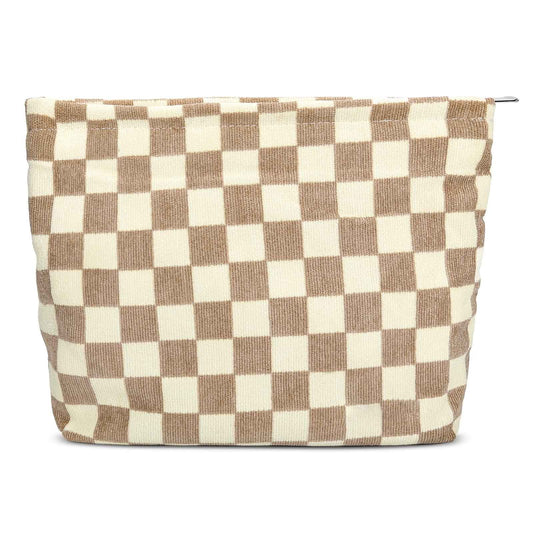 WOVOWOVO Checkered Makeup Bag for Women, Corduroy Cosmetic Bag Large Capacity Vintage Travel Toiletry Bags Organizer Storage Khaki
