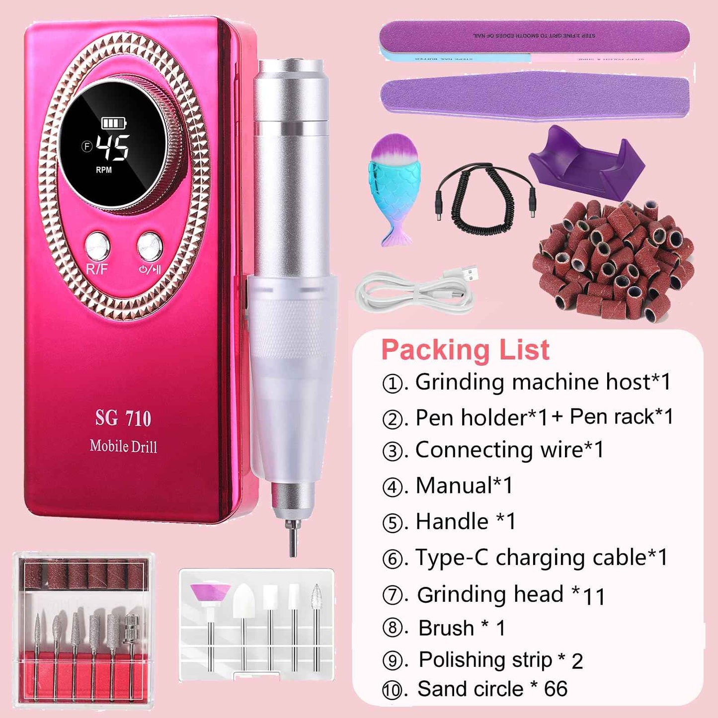 Nail Drill Machine Electric 45000RPM Rechargeable Portable Nail Drill Kit DIY Nail File Electric with Smart LCD Screen for Gel Nail Manicure and Pedicure Reflective Body etc(Crimson)