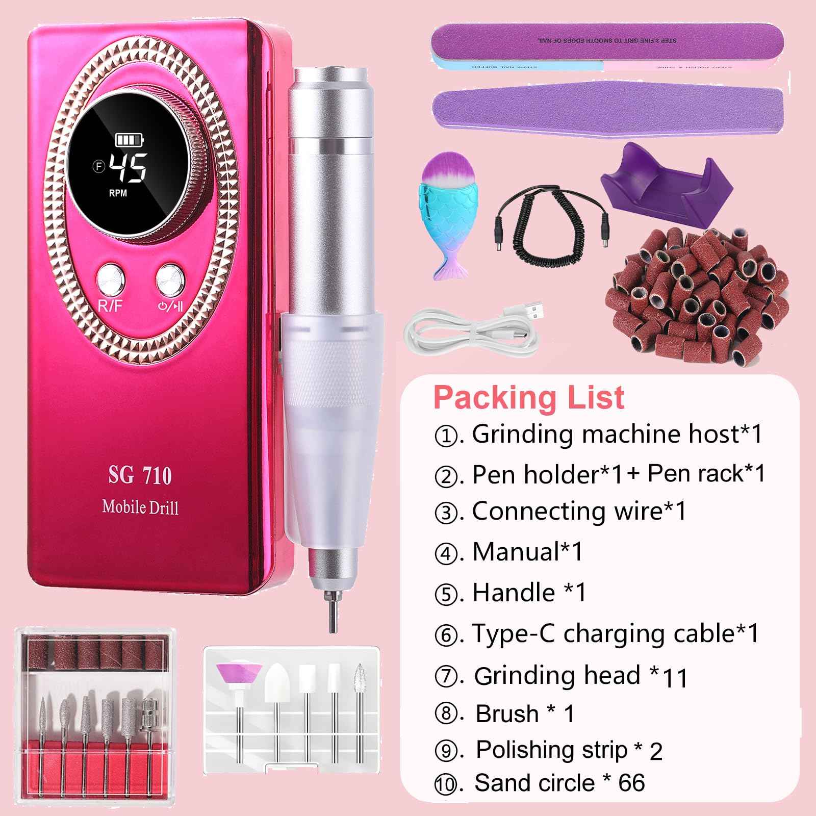 Nail Drill Machine Electric 45000RPM Rechargeable Portable Nail Drill Kit DIY Nail File Electric with Smart LCD Screen for Gel Nail Manicure and Pedicure Reflective Body etc(Crimson)