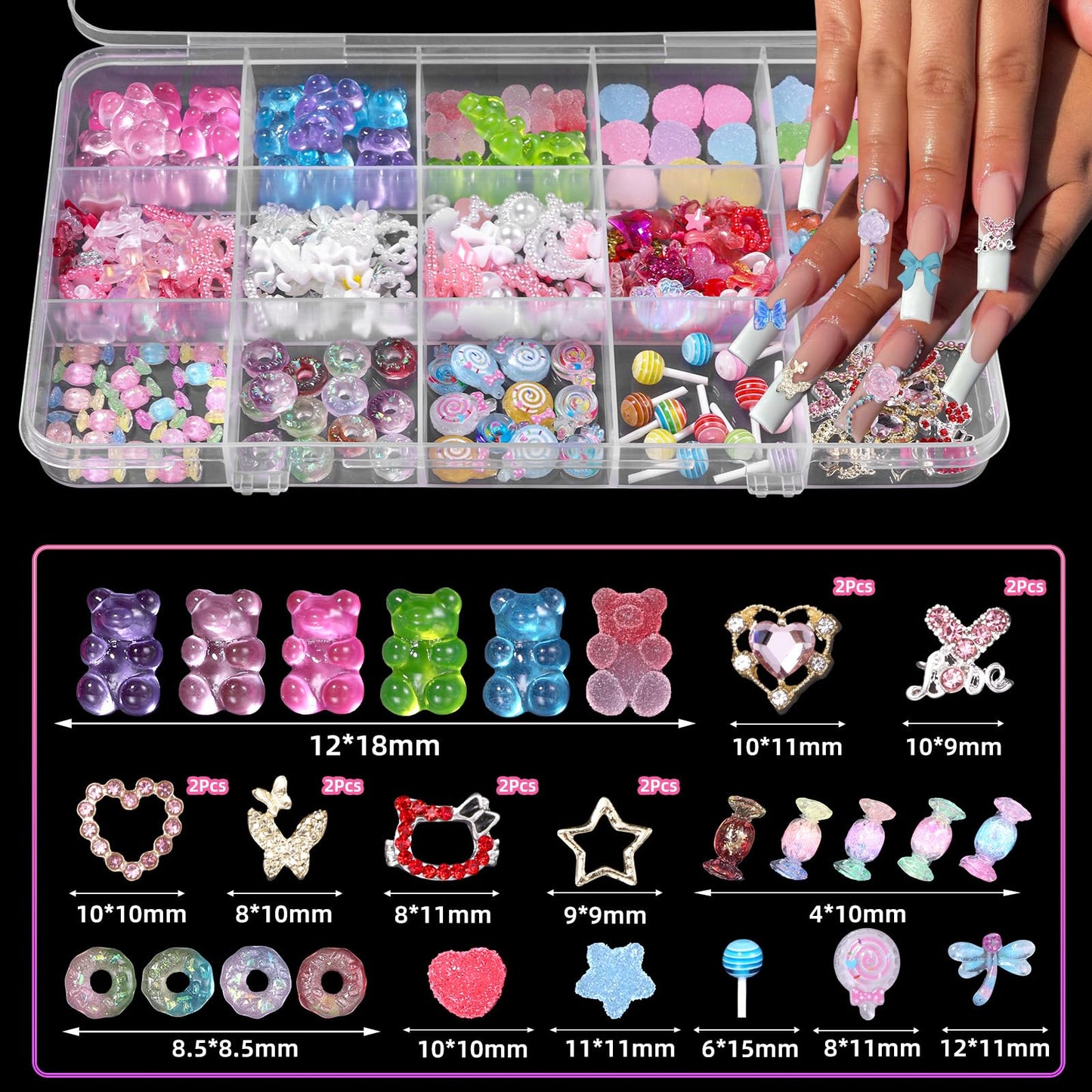 Candy Nail Charms and Gems, Multi Color Acrylic 3D Shape Design Gummy Bear Lollipop Star Bows Cute Nails Charms, 14Pcs Metal Alloy Cute Nail Rhinestones Gems Charms for Nail Art DIY