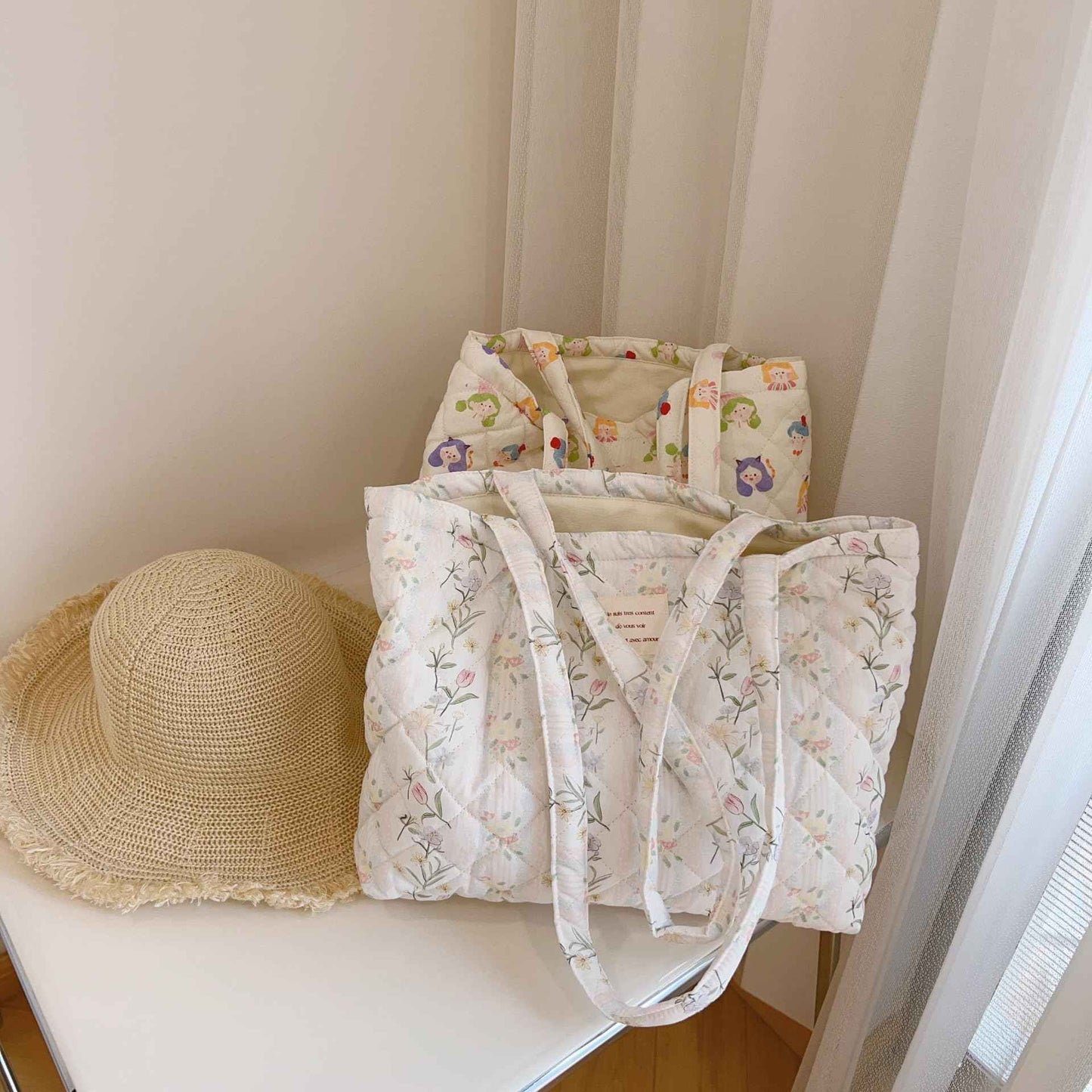 MSGHER Floral Quilted Cotton Shoulder Bag Set 3-in-1 Handbag with Matching Mini Pouch Cosmetic Bag Large Capacity Tote A053 (Striped floral)