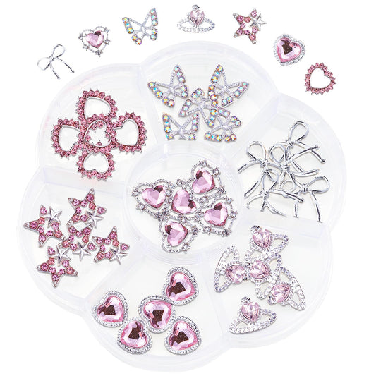 35PCS Pink and Silver Nail Charms for Acrylic Nails - Bow, Crown, Heart, Butterfly, and Star Nail Art Decorations for DIY Manicure and Crafts