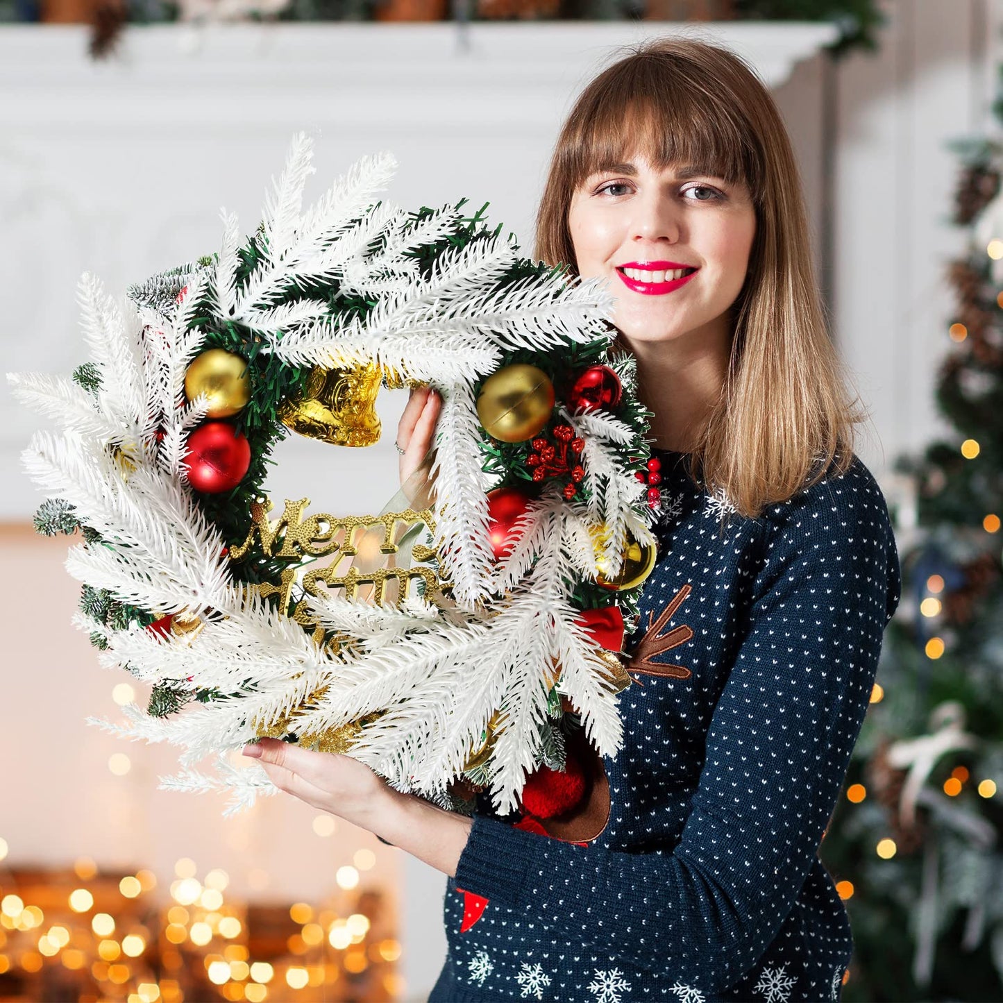 Syhood Christmas Artificial Pine Branches 4 Styles Pine Needles Faux Pine Tree Branches Garland Fake Greenery Picks for Mantle Garland Indoor Home Xmas Holiday Wall Decor(White, 60 Pieces)