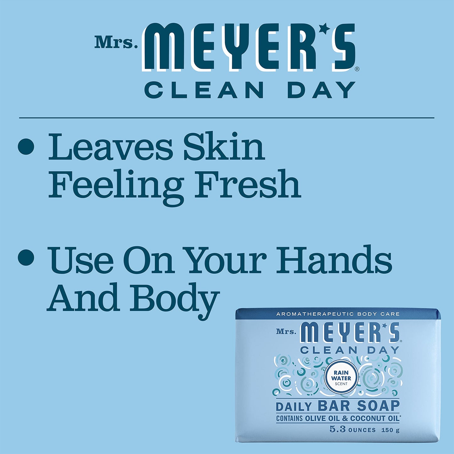 MRS. MEYER'S CLEAN DAY Bar Soap, Use as Body Wash or Hand Soap, Made with Essential Oils, Rain Water, 5.3 oz, 4 Bars