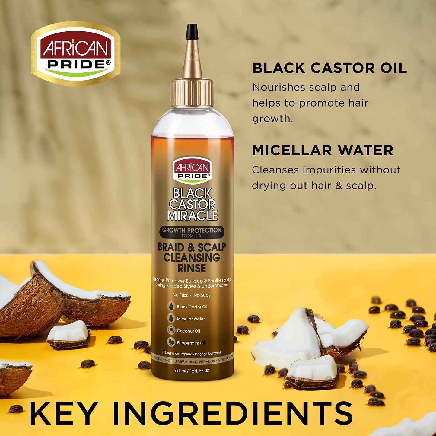 African Pride Black Castor Miracle Braid & Scalp Cleansing Rinse - Removes Build Up & Soothes Scalp, No Frizz, Contains Black Castor Oil, Micellar Water, Coconut Oil, Peppermint Oil, 12 oz (3 Pack)