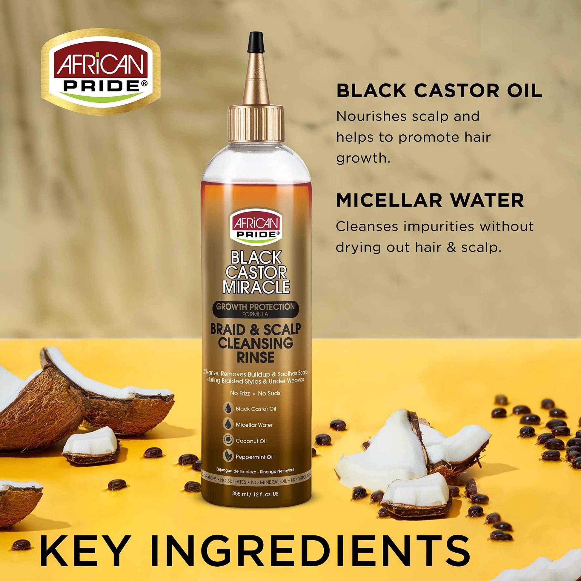 African Pride Black Castor Miracle Braid & Scalp Cleansing Rinse - Removes Build Up & Soothes Scalp, No Frizz, Contains Black Castor Oil, Micellar Water, Coconut Oil, Peppermint Oil, 12 oz (3 Pack)