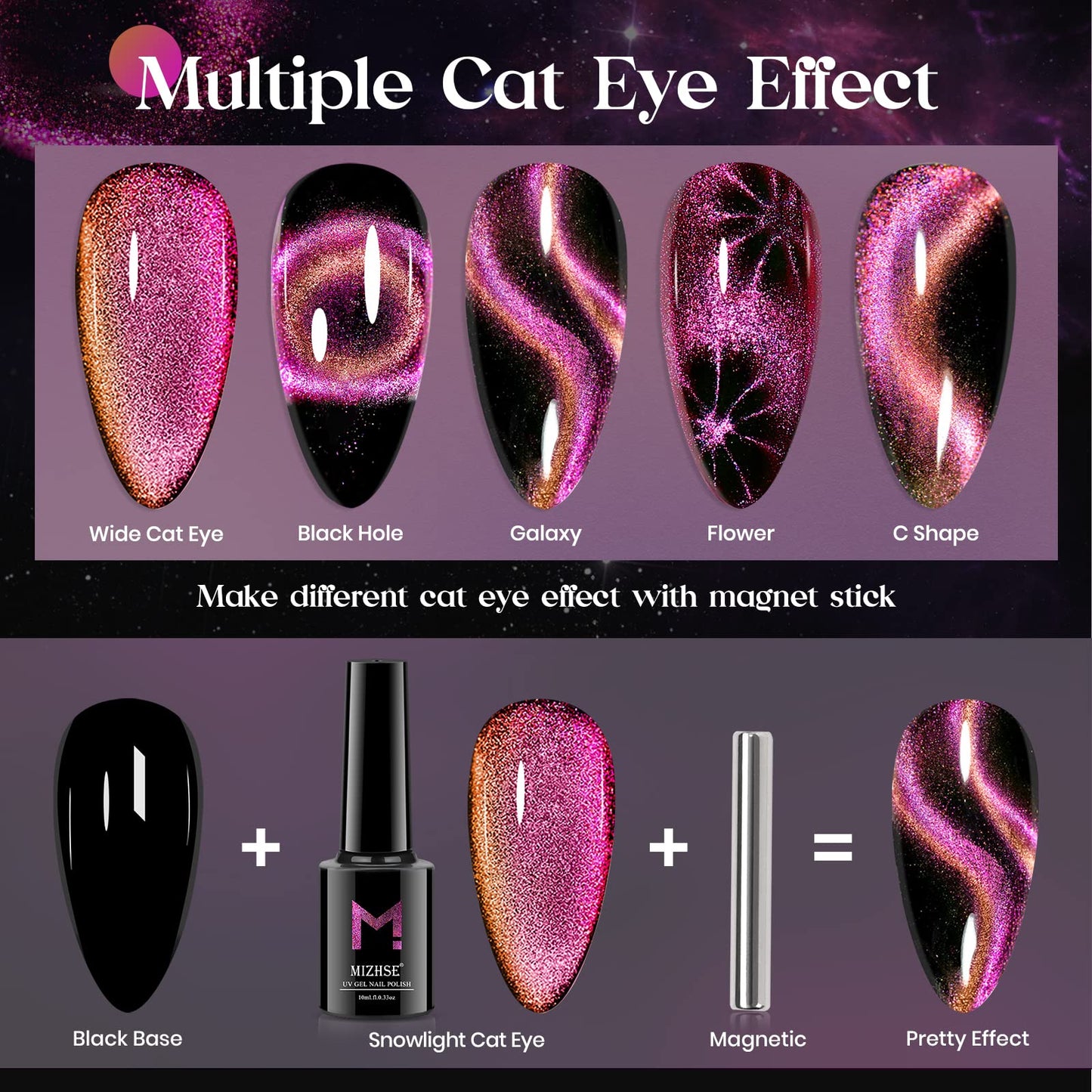 MIZHSE 9D Cat Eye Gel Nail Polish 10ml, Holographic Galaxy Cateye Magnetic Nail Polish Gel, Magic Chameleon Manicure Set(Pink)