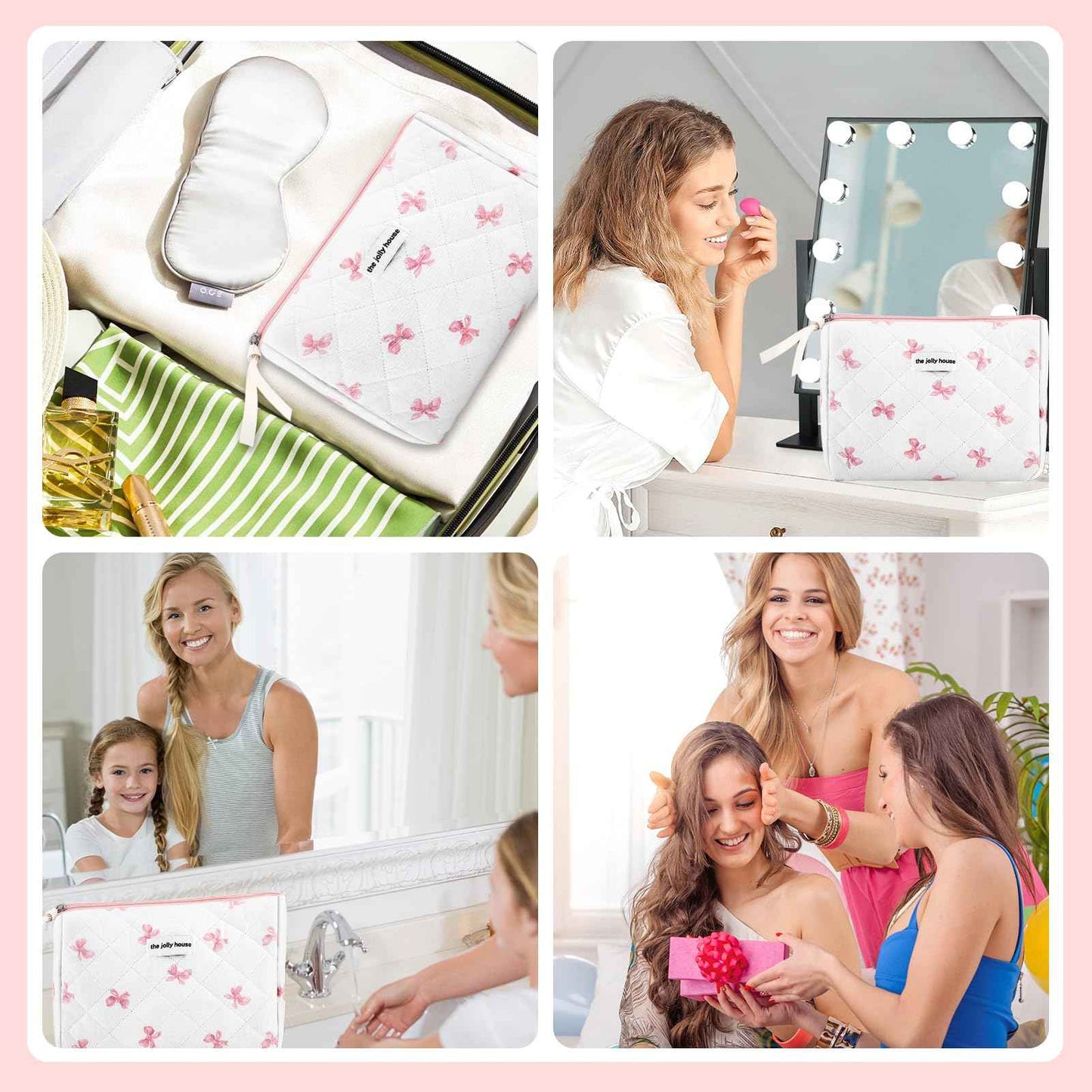 ZLFSRQ Cotton Quilted Makeup Bag for Women Cute Large White Bow Cosmetic Bag Coquette Preppy Zipper Puffy Makeup Pouch for Purse Portable Travel Toiletry Bags Cloth Storage Organizer Skincare Bags