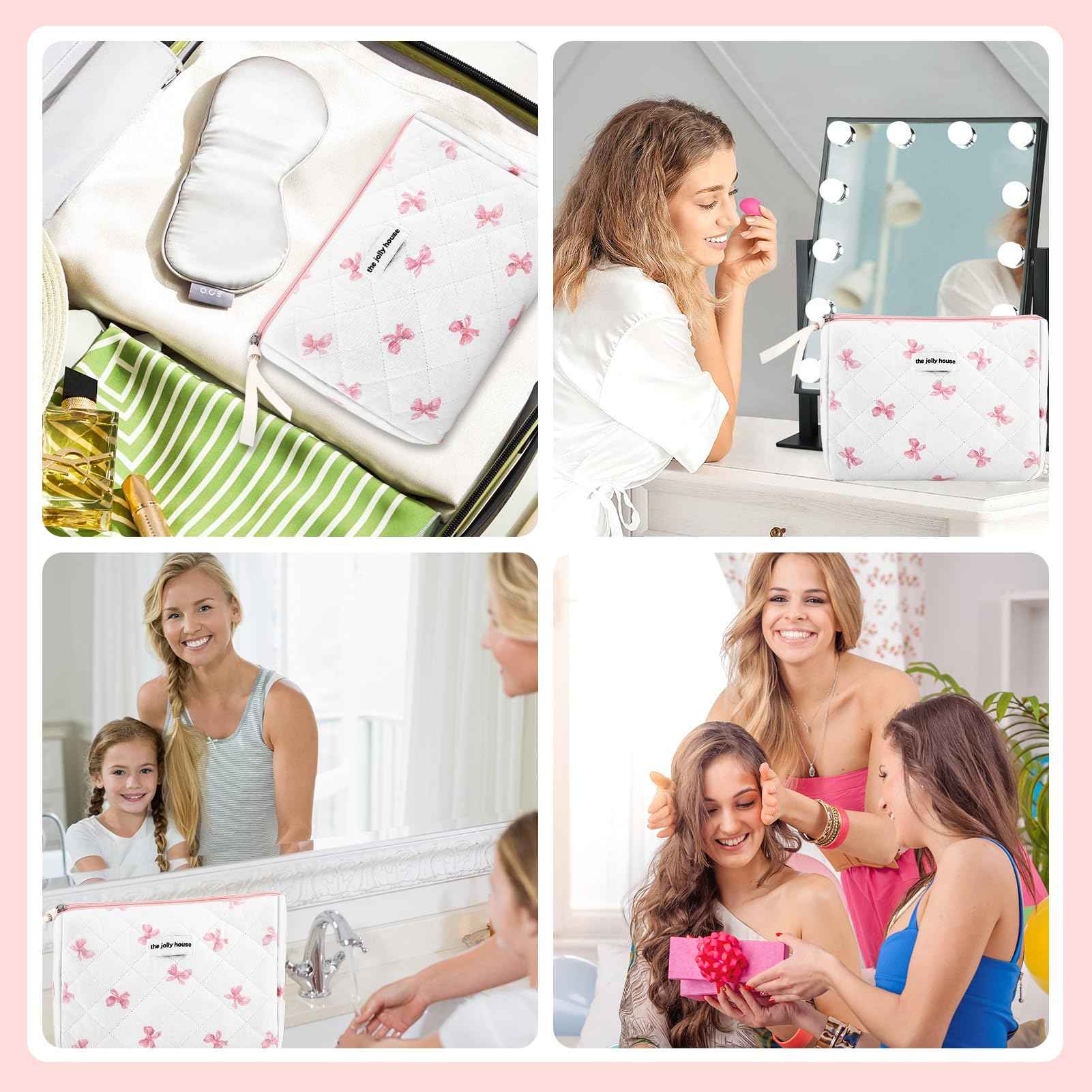 ZLFSRQ Cotton Quilted Makeup Bag for Women Cute Large White Bow Cosmetic Bag Coquette Preppy Zipper Puffy Makeup Pouch for Purse Portable Travel Toiletry Bags Cloth Storage Organizer Skincare Bags