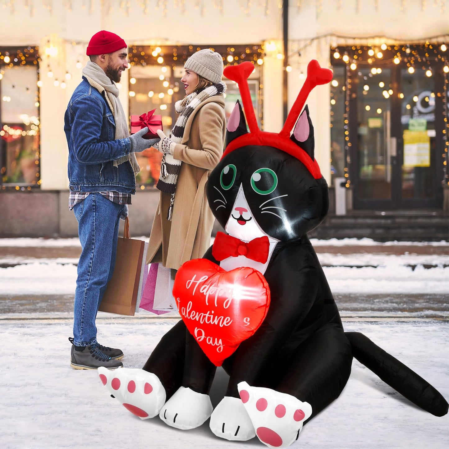 Leyndo 5 ft Height Cat Valentine's Day Inflatables with Built in LED Lights Cat with Hearts Blow up Valentine's Day Decoration Inflatable Outdoor Holiday Yard Decorations for Garden Party