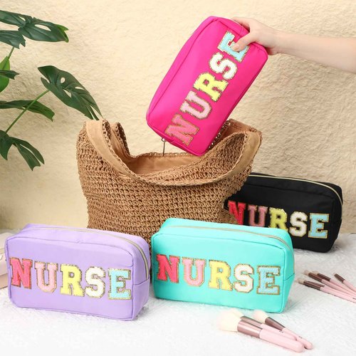 Cosblank 4 Pcs Nurse Makeup Bag Chenille Letter Nylon Cosmetic Bag Makeup Bag Toiletry Cosmetic Case Nurse Bag with Zipper Stuff Bag Cosmetic Pouch Makeup Pouch for CNA IPN RN Nurse Week