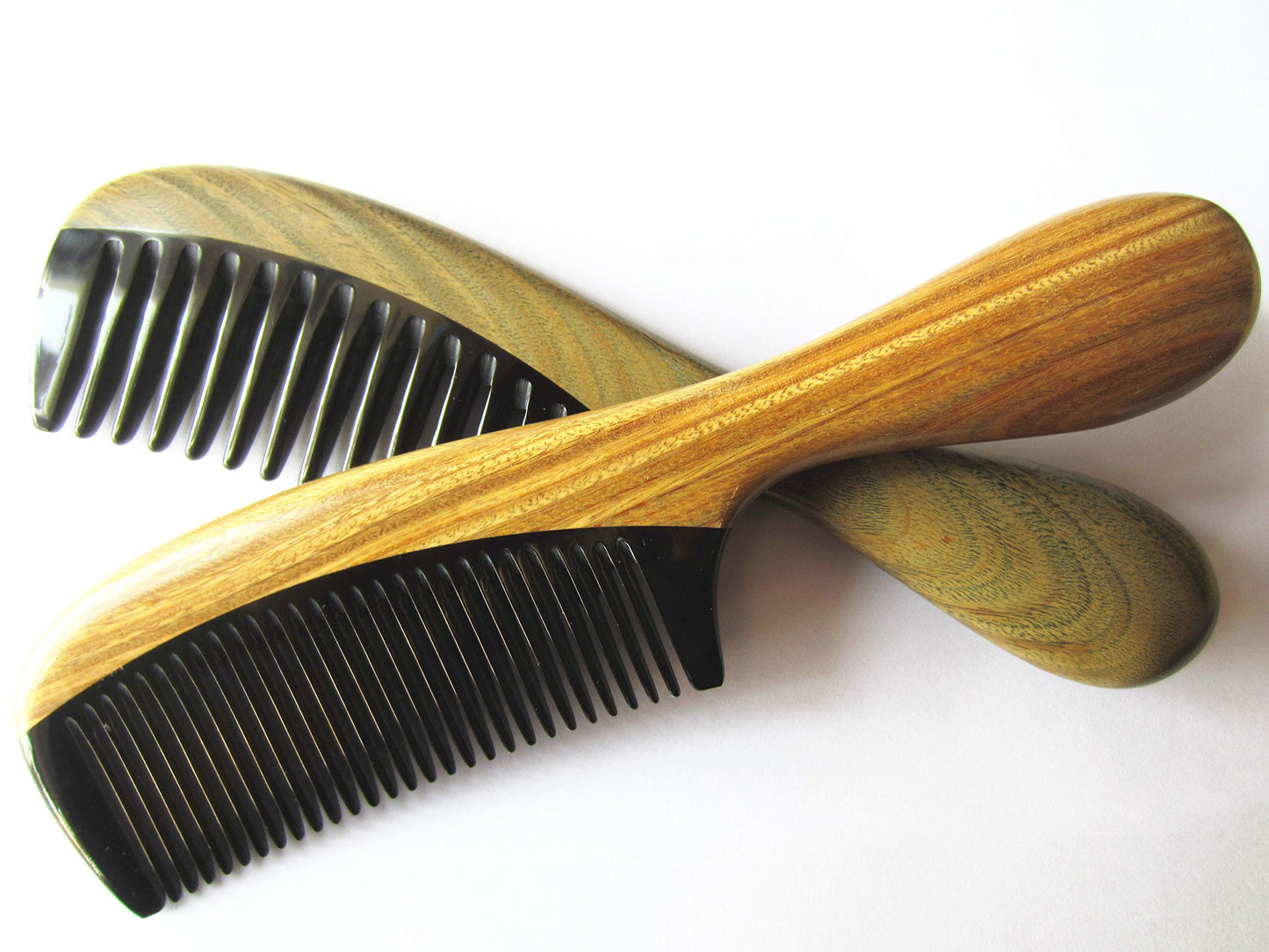 Myhsmooth GBZBYBMT Handmade No Static Black Buffalo Horn Comb with Rounded Green Sandalwood Handle (Pack of 2 Pcs:Wide Tooth and Standard Tooth)