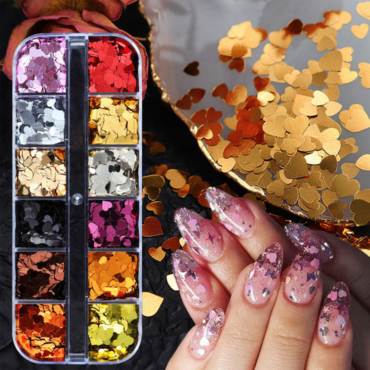 Valentine's Day Nail Art Sequins 12 Grids 3D Love Heart Holographic Nail Glitter Colorful Heart Nail Art Confetti Shiny Heart Nail Flakes for Women Girls Nail Supplies Nail Art Decorations Accessories