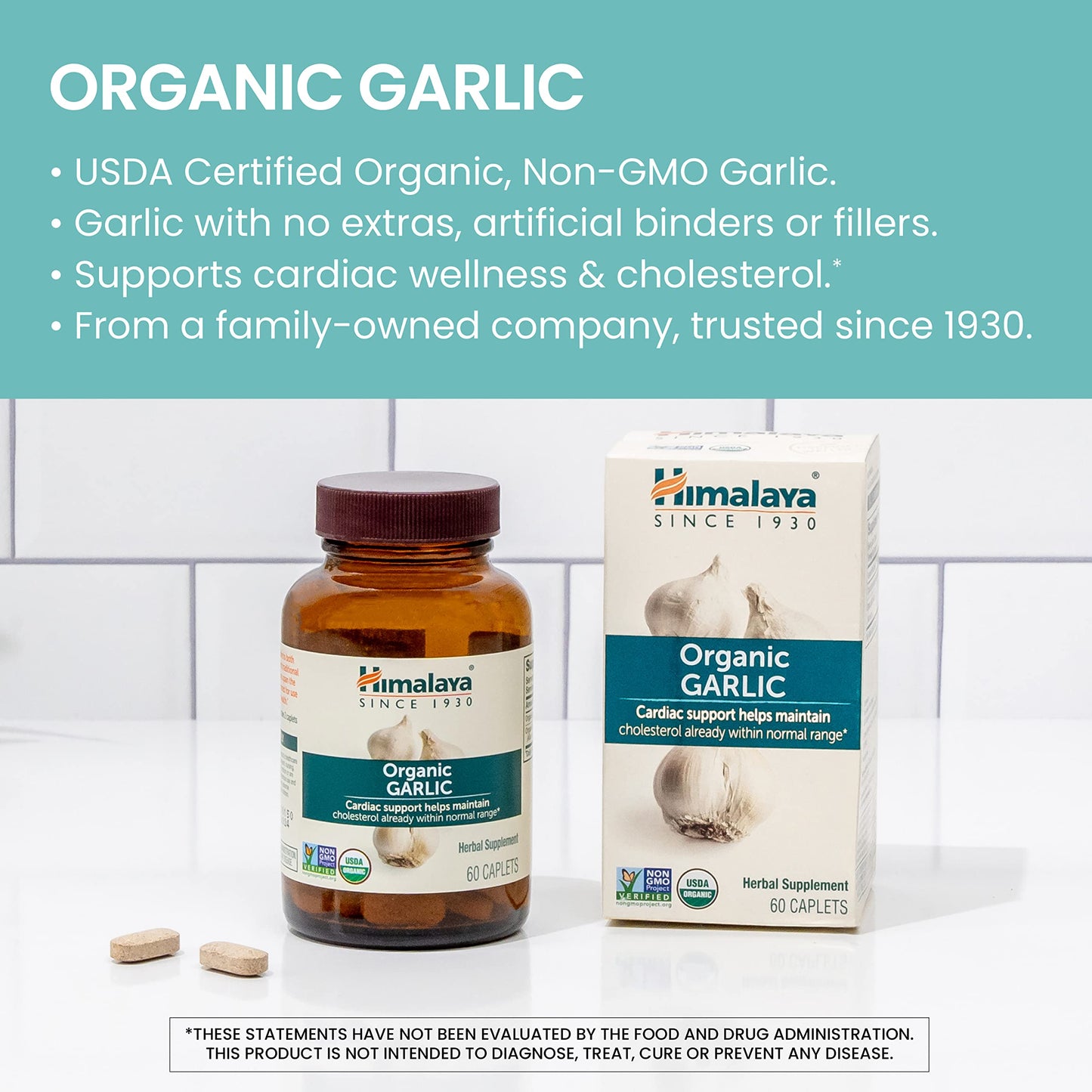 Himalaya Organic Garlic, For Lipid Metabolism and Immune Support, 1,400 mg, 60 Caplets, 1 Month Supply, 2 Pack