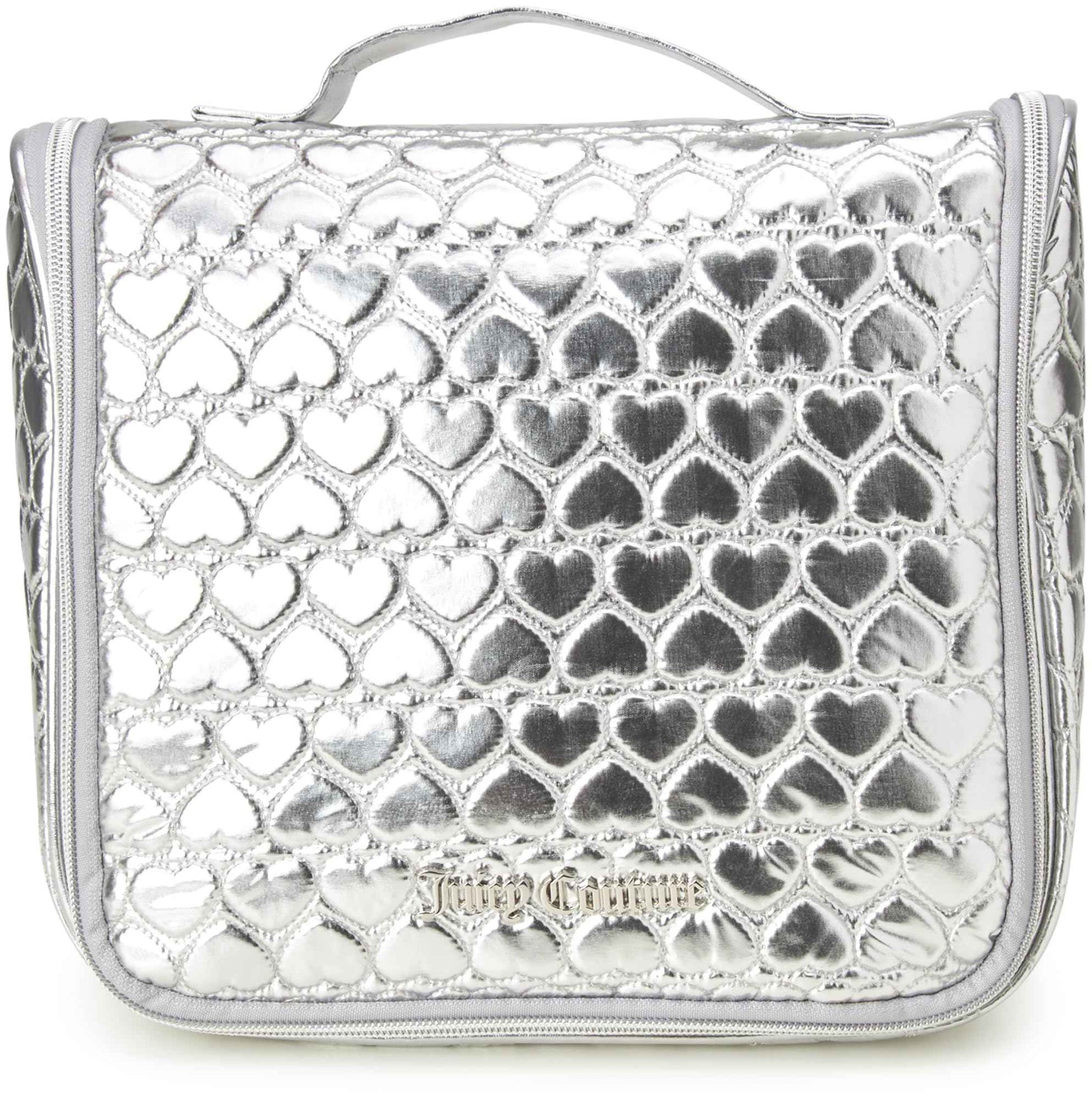 Juicy Couture Silver Makeup Bag Cosmetics Organizer Travel Essentials Hanging Hook Shiny Puffer Heart