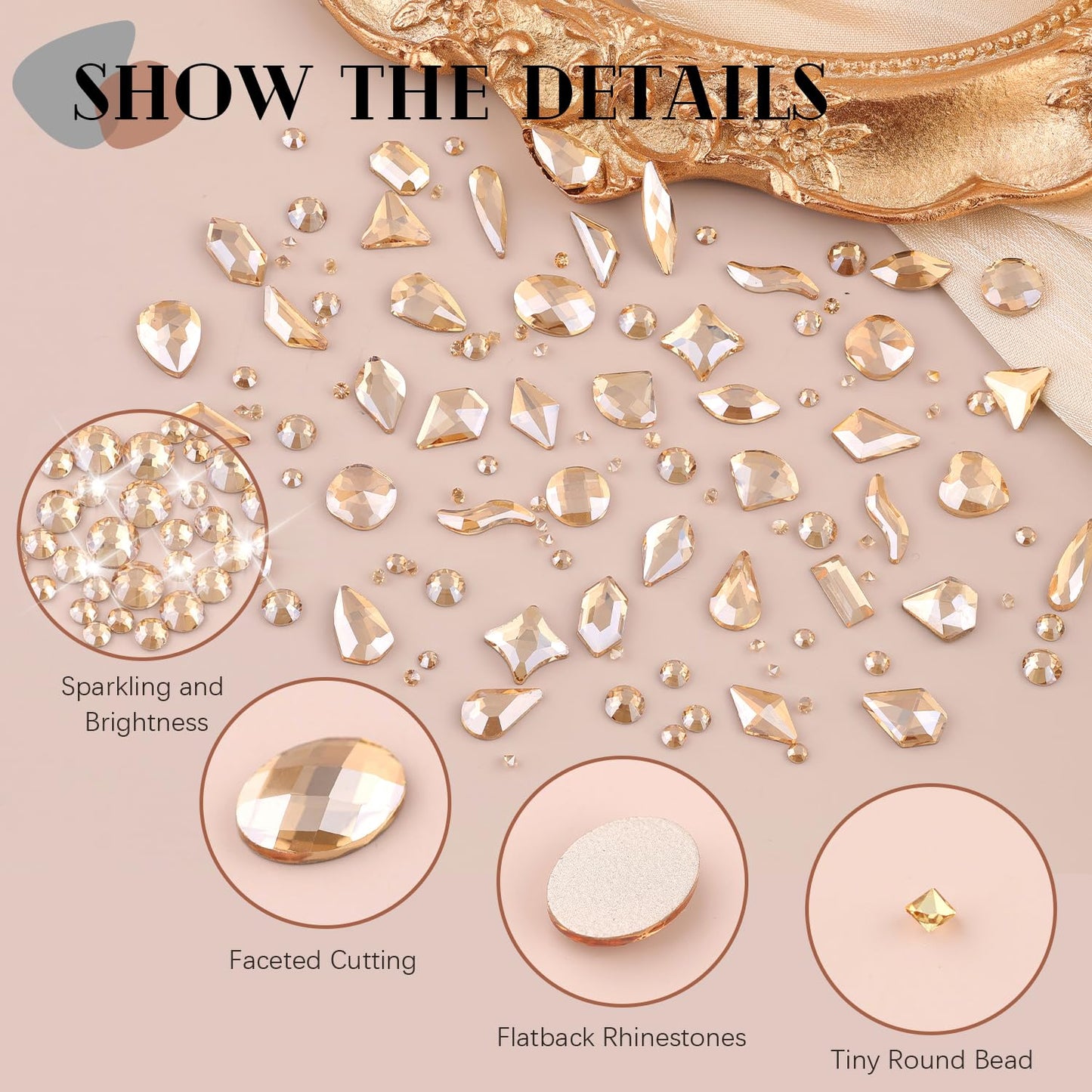 2750Pcs Champagne Gold Glass Nail Rhinestones 240Pcs Multi Shapes Flatback Gems Crystal+2510Pcs 1.5-4mm Round Beads, Manicure Diomand Jewelry Gemstones for Nail Design Makeup Acrylic Nails Decoration