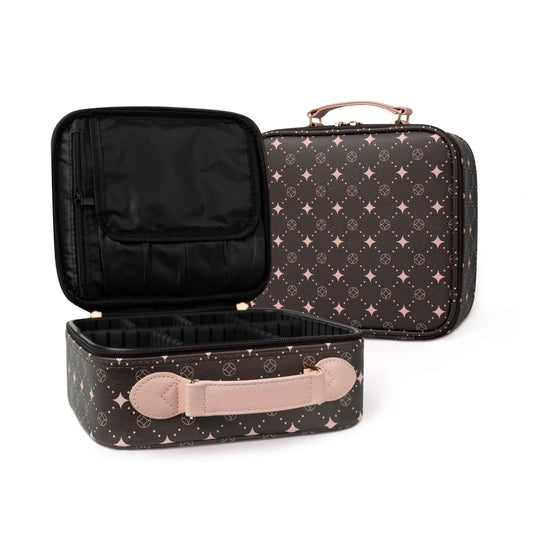 Travel Makeup Bag,Waterproof Cosmetic Organizer, Adjustable Dividers,Portability Cosmetic Train Case,Makeup organizer,Gift for Women,Girls Gift (Coffee+Pink)