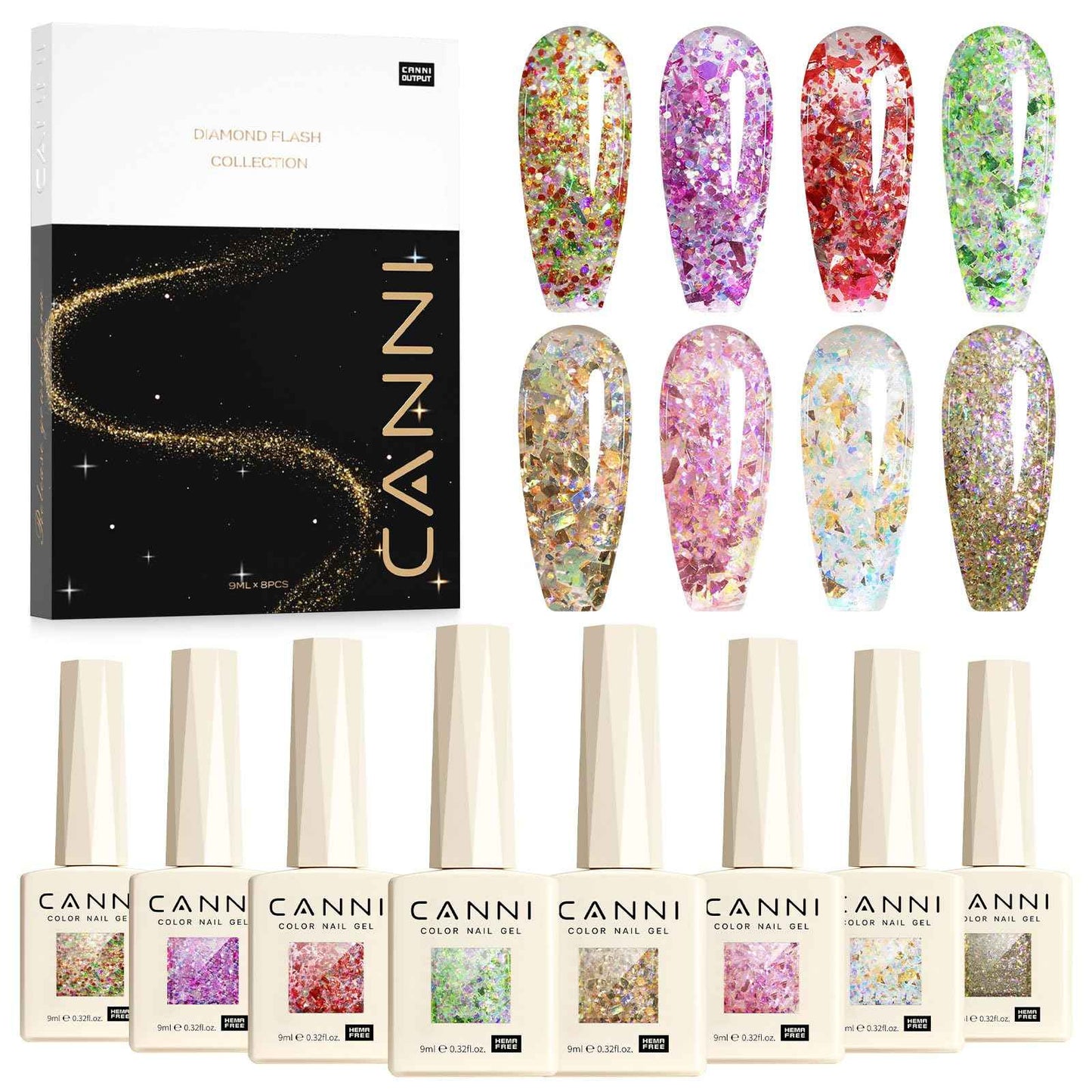 CANNI Gel Polish Glitter Gel Nail Polish Set, 8 Colors Shimmery Prism Flash Red Green Purple Fine Glitter Gel Polish U V LED Soak Off Manicure Kit Gift for Women Girls