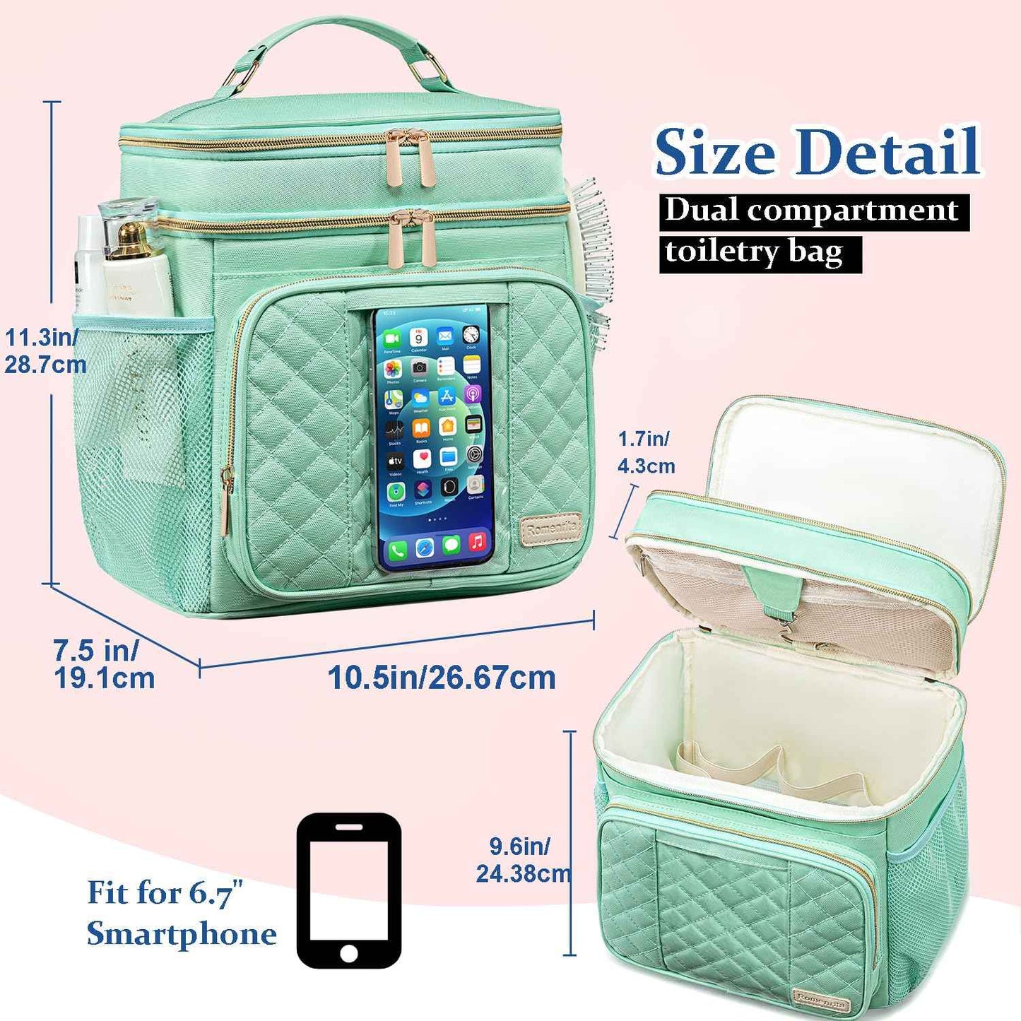 Romenrita Large Toiletry Bag for Women Men,Waterproof Portable Shower Caddy for College Dorm,Bathroom Bag, Quick Dry Shower Bag Hanging Toiletry Bags for For Full Sized Toiletries And Cosmetics