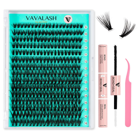 VAVALASH DIY Lash Extension Kit 300 PCS Individual Cluster Lashes Kit 30D 0.07-D-9-16mm Lash Clusters, Lash Bond and Seal, Lash Tweezer for DIY Eyelash Extension at Home（Kit-30D-0.07-D-9-16MIX）