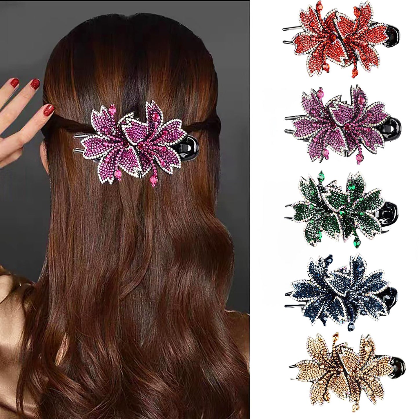 5Pcs Shiny Crystal Hair Clips,Double Flower Hair Clip,Cute Flower Duckbill Hair Clip for Thick Hair,Fancy Rhinestones Hair Accessories,Decorative Hair Clips for Women（Red Blue Green Gold Purple）