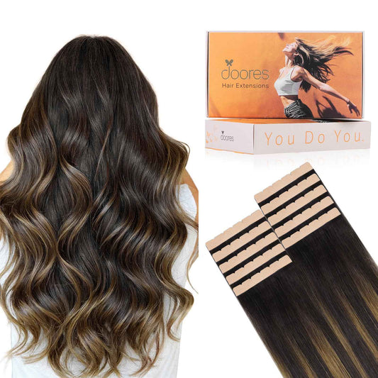 DOORES Tape in Hair Extensions, 10pcs 35g 16 Inch Balayage Dark Brown to Chestnut Brown Mini Tape Weft Extensions Invisible Remy Real Human Hair DIY Seamless Flexible Wear Silky Straight