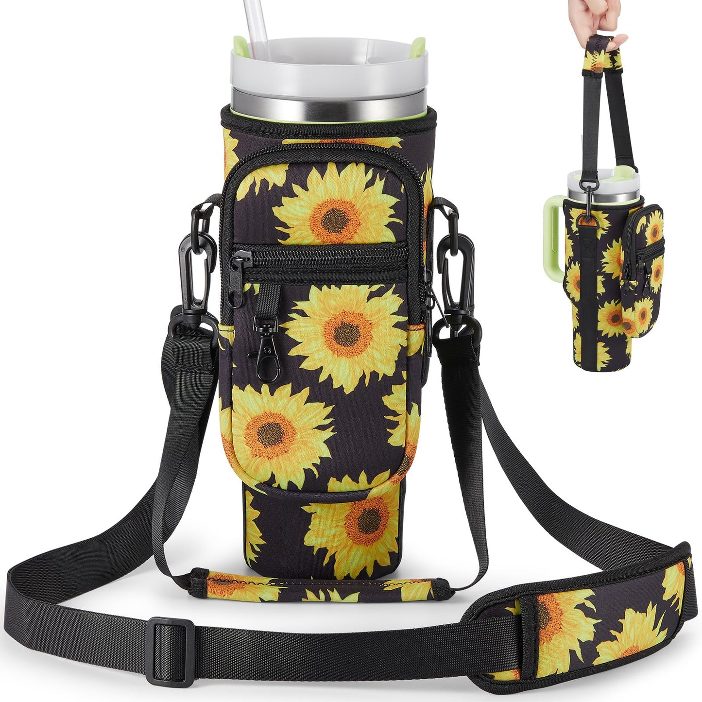 BULKITEM Sunflower Water Bottle Carrier Bag w/Phone Pocket for Stanley 40 oz Tumbler with Handle, Sunflower Insulated Neoprene Cup Holder Pouch for Stanley Cup Accessories, Sunflower Gifts for Women