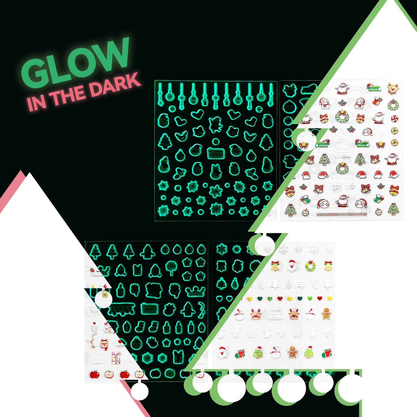 4 Sheets of 3D Christmas Nail Stickers - 258 Cute Nail Decals - Embossed Kawaii Nail Stickers for Kids | Cute Holiday Theme - Santa, Reindeer, Snowman, Gifts, Candy Cane | Glow in The Dark