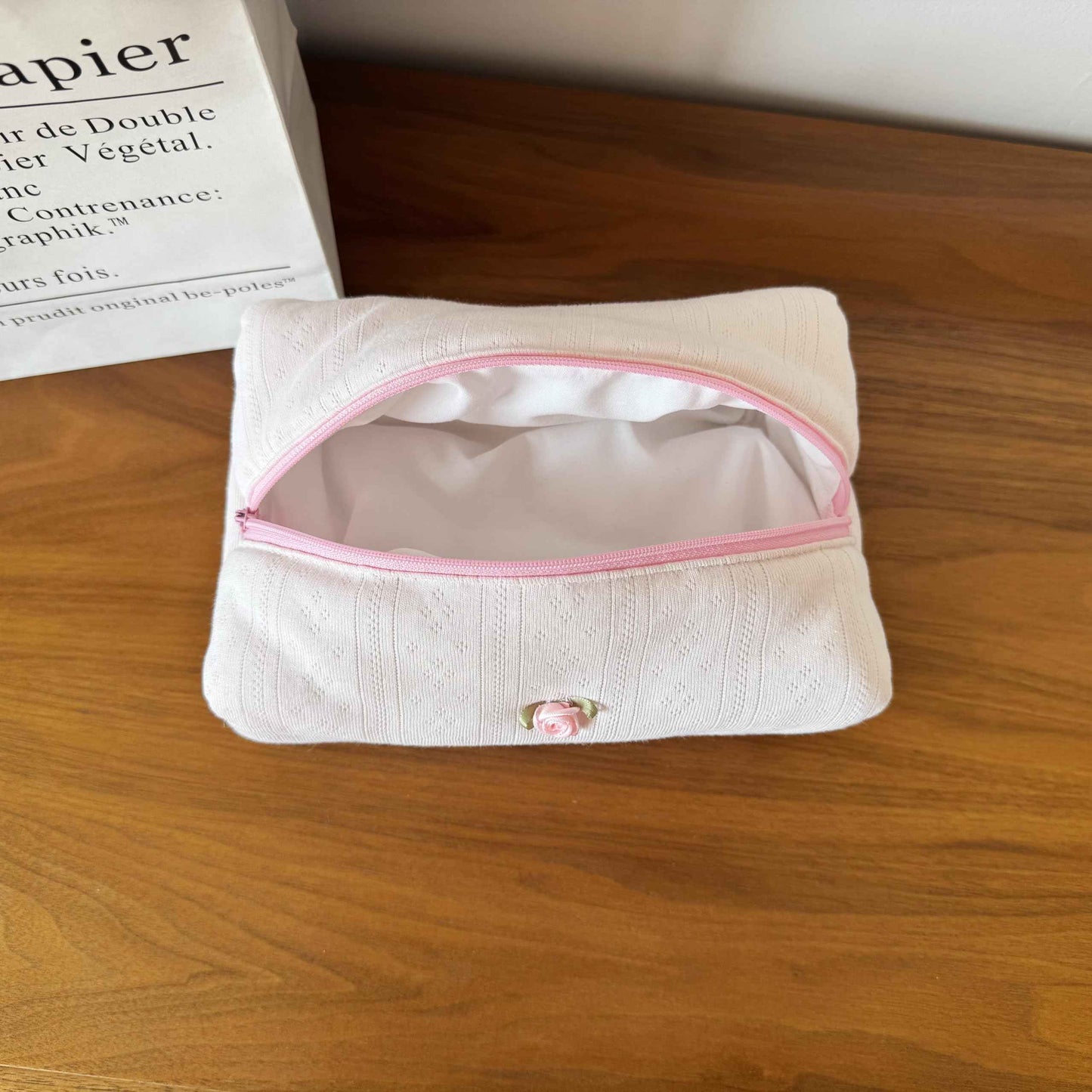 ZUNUONUO Handmade Quilted Cotton Makeup Bag for Women - Cute Cosmetic Pouch, Travel Toiletry & Make Up Organizer, Coquette Aesthetic Skincare Bag, Travel Essentials (Creamy Pink)