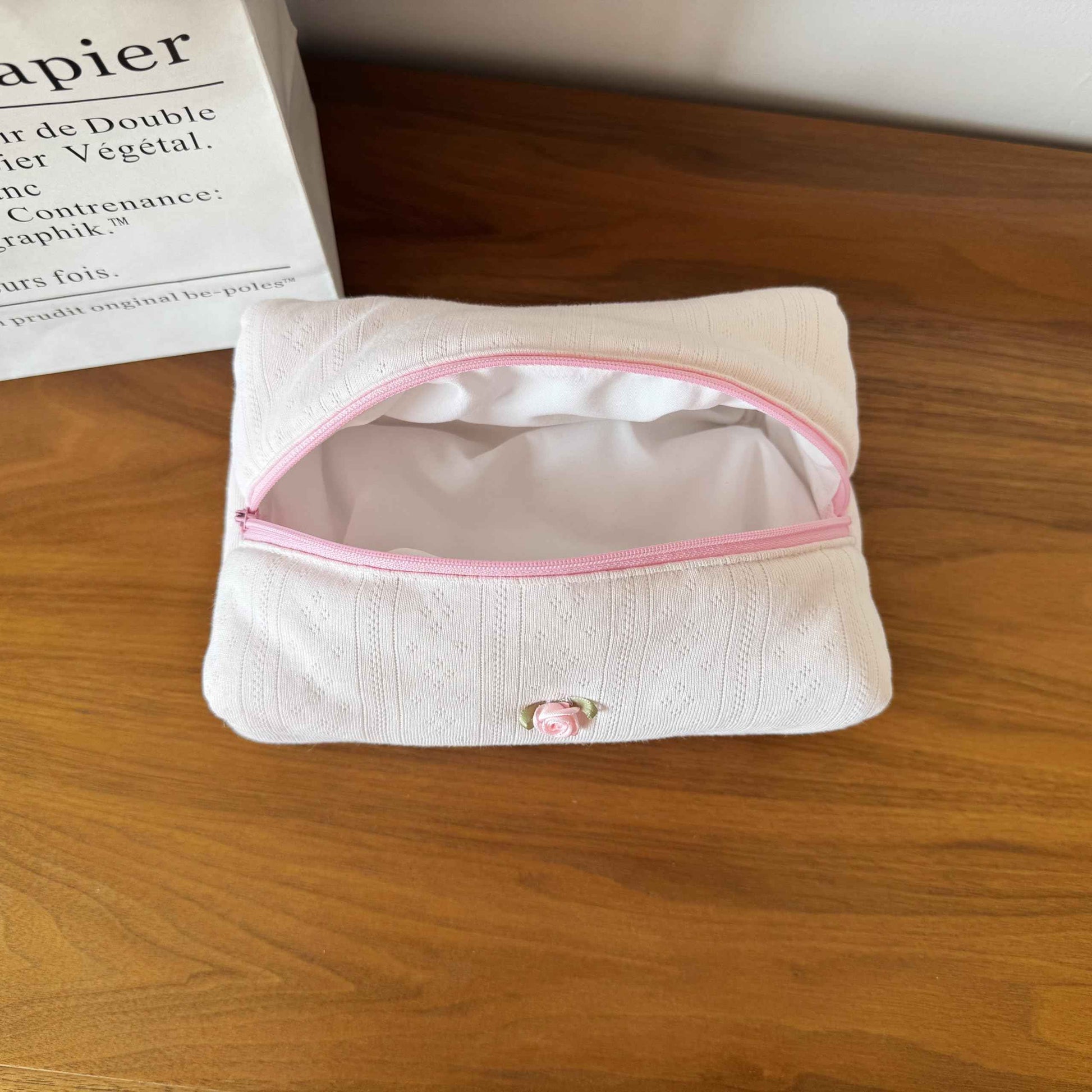 ZUNUONUO Handmade Quilted Cotton Makeup Bag for Women - Cute Cosmetic Pouch, Travel Toiletry & Make Up Organizer, Coquette Aesthetic Skincare Bag, Travel Essentials (Creamy Pink)