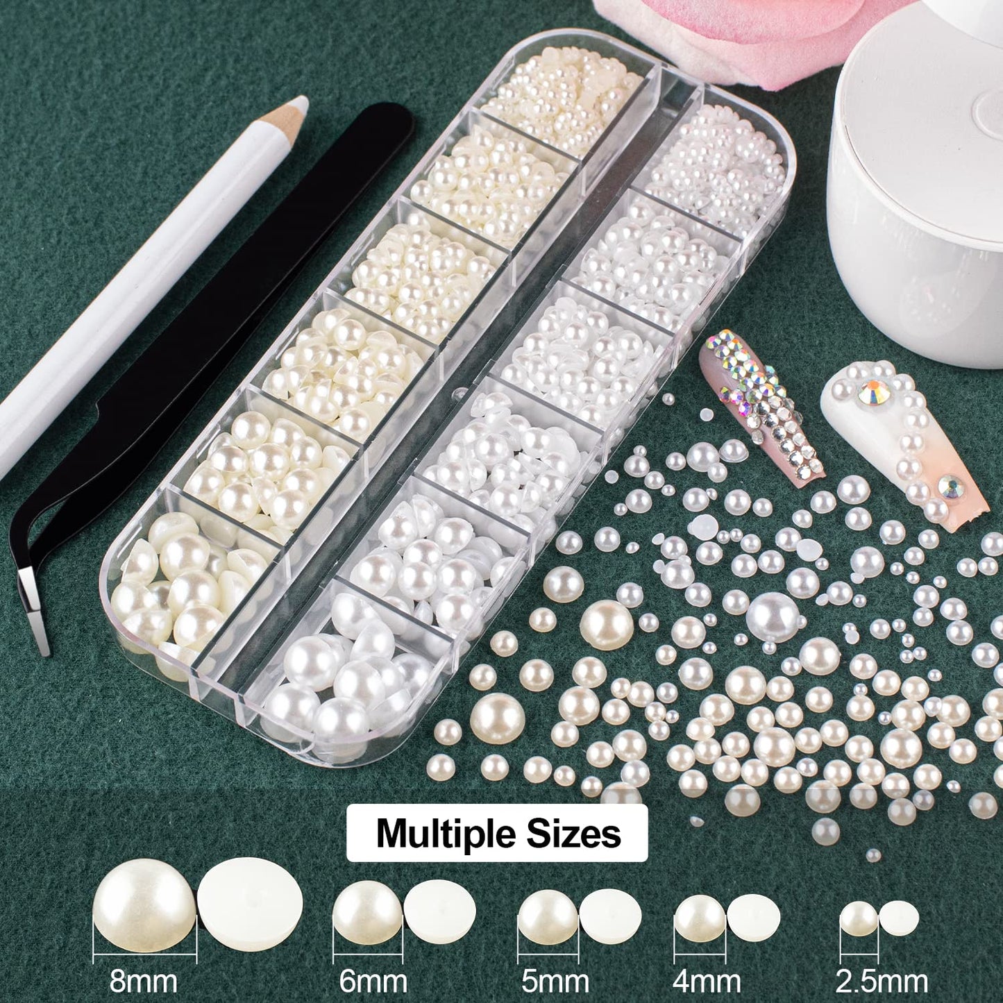 Flat Back Rhinestones&Pearls Kits Round Glass Crystal Transparent White Gems+White Pearls With Quick Dry Makeup Glue+Picker Pencil+Tweezer For Nail Art And Face Eye Body Make-up