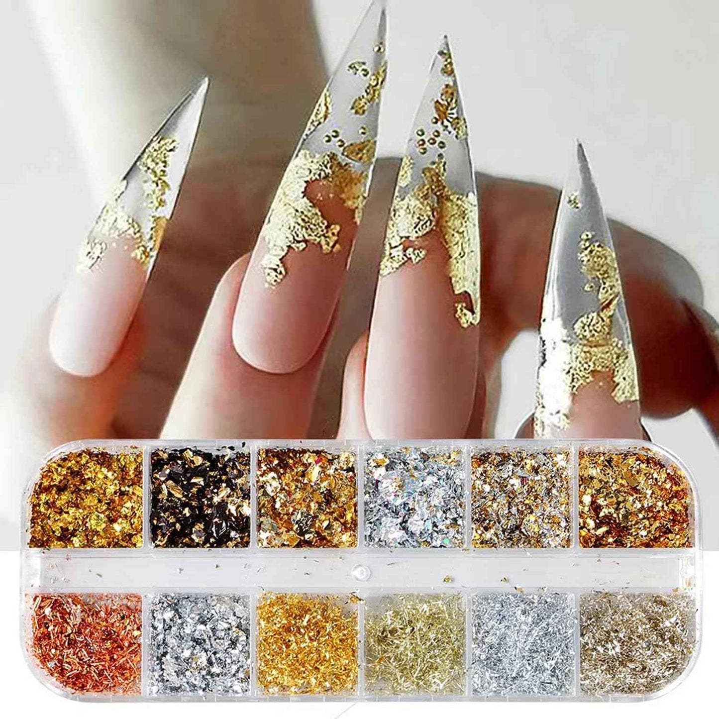 Holographic Nail Glitter Gold Foils for Women Kit -Sparkly Ultra-Thin Aluminum Foil Flake Nail Supplies Irregular Foil Glitter Flakes Design Powder Nail Glitters Sequins DIY Manicure Tip Charms Decor