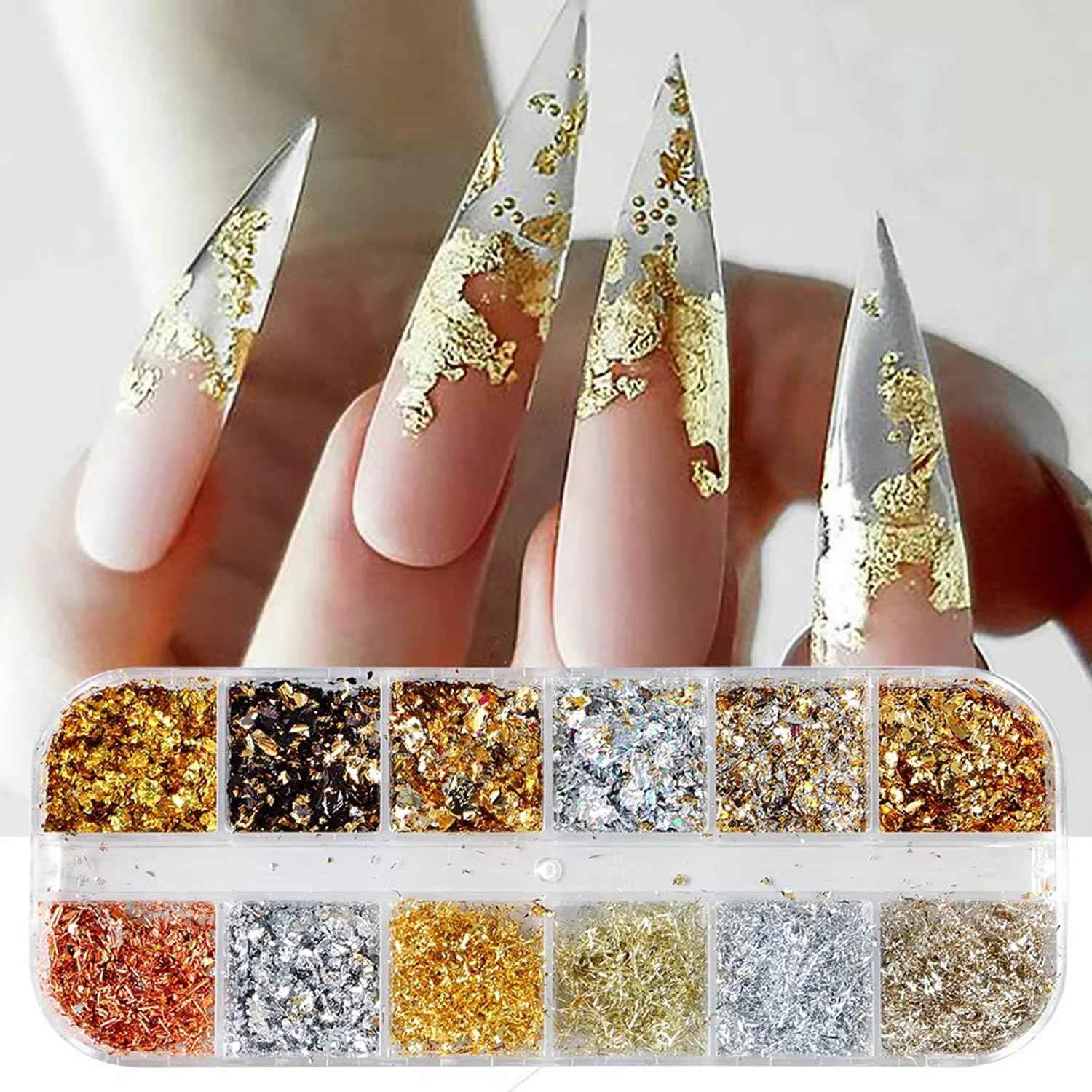 Holographic Nail Glitter Gold Foils for Women Kit -Sparkly Ultra-Thin Aluminum Foil Flake Nail Supplies Irregular Foil Glitter Flakes Design Powder Nail Glitters Sequins DIY Manicure Tip Charms Decor