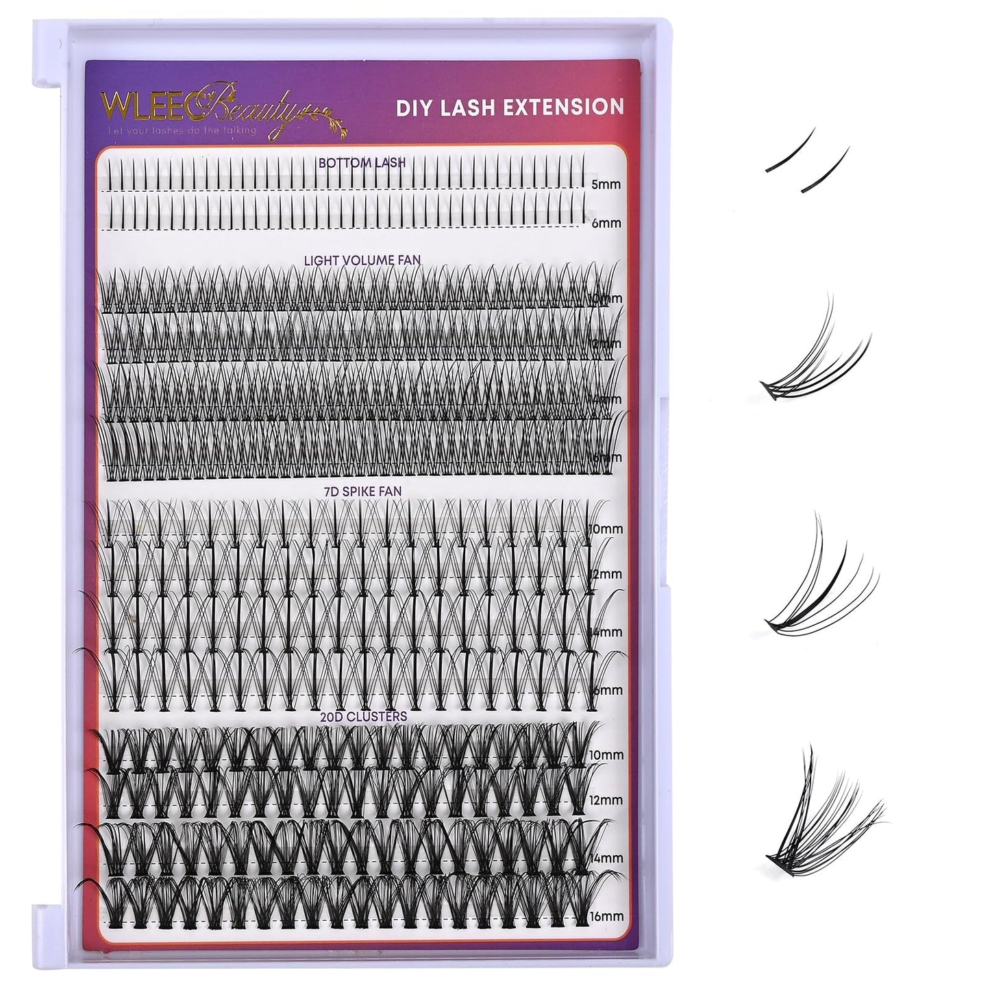 Wleec Beauty Lash Clusters with Bottom Lashes, 320PCS D Curl Lash Clusters Wispy Multi-type 7D Spike Fan Eyelash Clusters Mixed 10-16mm 20D Individual Lashes Natural for DIY Lash Extensions at Home