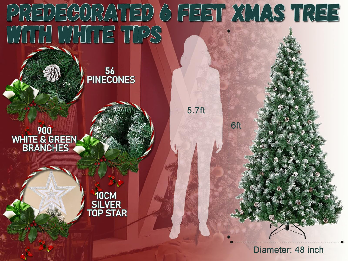 6ft Flocked Christmas Tree with Decorations (900 PVC Branch Tips & 56 Pine Cones), Metal Hinges & Base, Green and White Slight Pre-Decorated Artificial Xmas Tree 6 feet | Add Holiday Touch