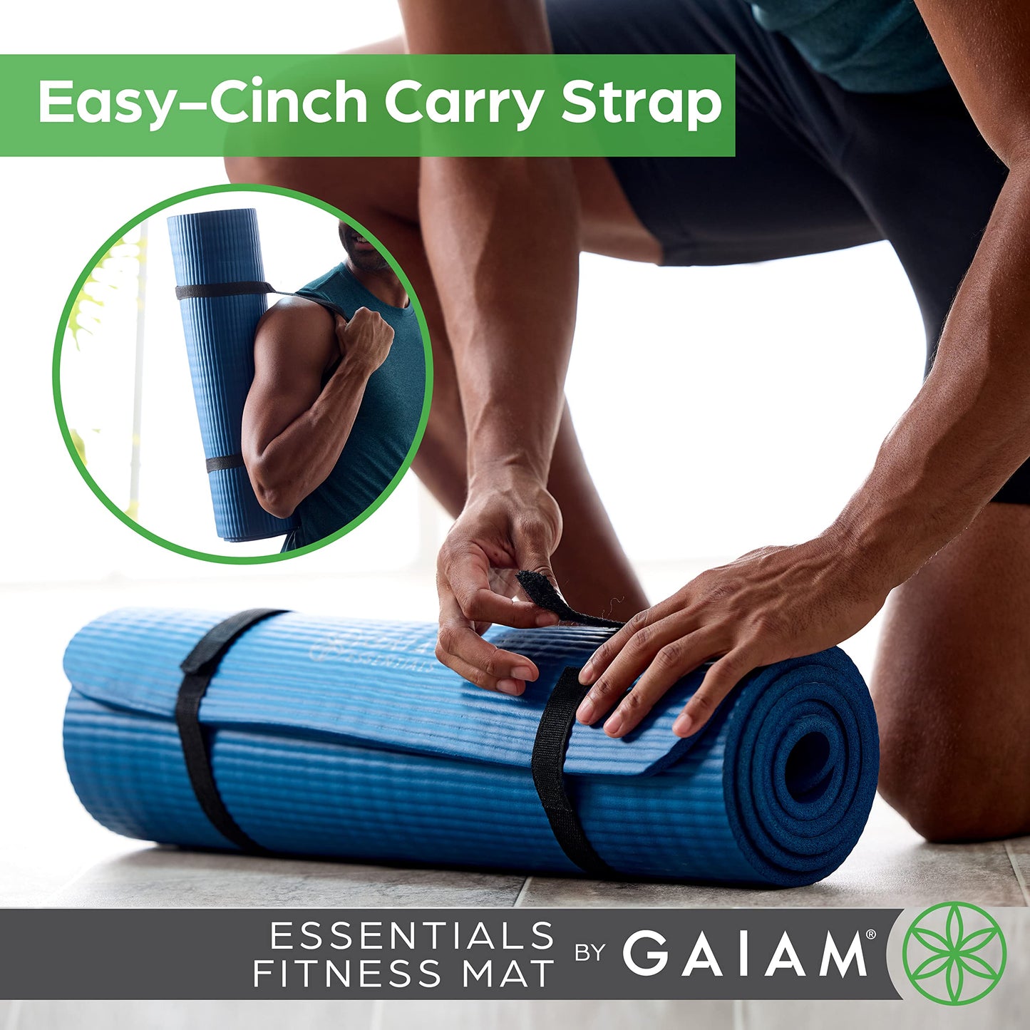 Gaiam Essentials Thick Yoga Mat - Fitness and Exercise Mat with Easy-Cinch Carrier Strap Included - Soft Cushioning and Textured Grip - Multiple Colors Options (Green, 72"L X 24"W X 2/5 Inch Thick)