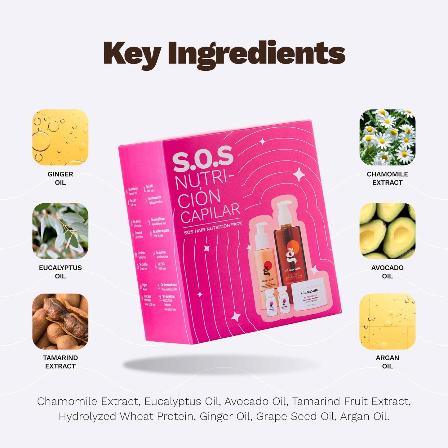 Hair Nourishment Pack SOS by GINGER MILK, Vegan Hair Care Set with pH-Balanced Shampoo 8.5oz, Hair Mask 8oz, Leave-in 4oz & 2 Ampoules | Weak Hair: Nourish, Shine, Strength, Noticeable Results Soon