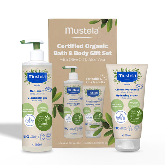 Mustela Certified Organic Bath & Body Gift Set - Fragrance-Free Skin Care Essentials with Olive Oil & Aloe Vera - Contains Cleansing Gel & Hydrating Cream for Baby, Kid & Adult - 2 Items Set