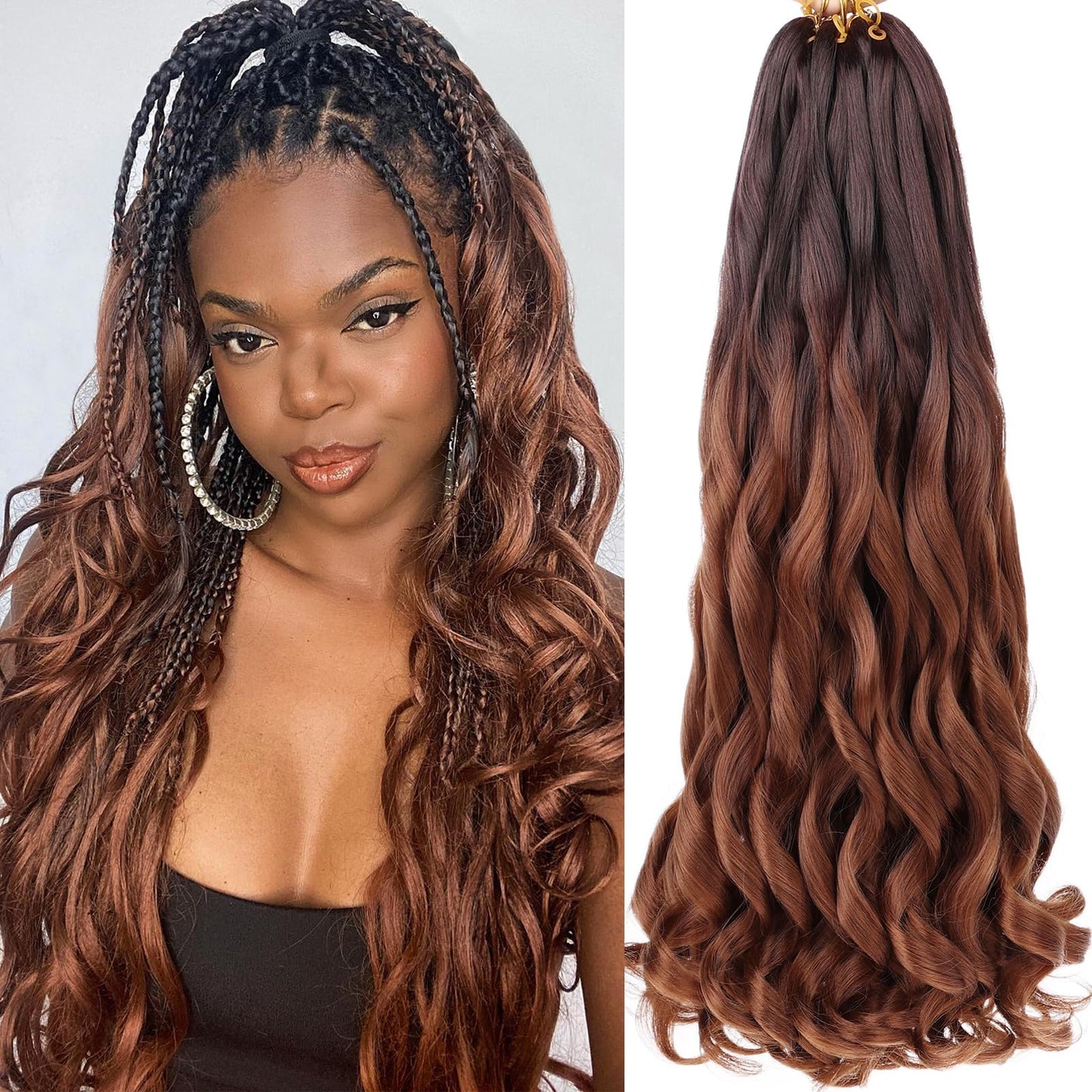 COOKOO 9 Packs 75g/Pack French Curly Braiding Hair Extensions 22 Inch Ombre Brown French Curl Braiding Hair with Curly Ends Bouncy Spanish Curls Synthetic Crochet Hair Extensions T4/30#