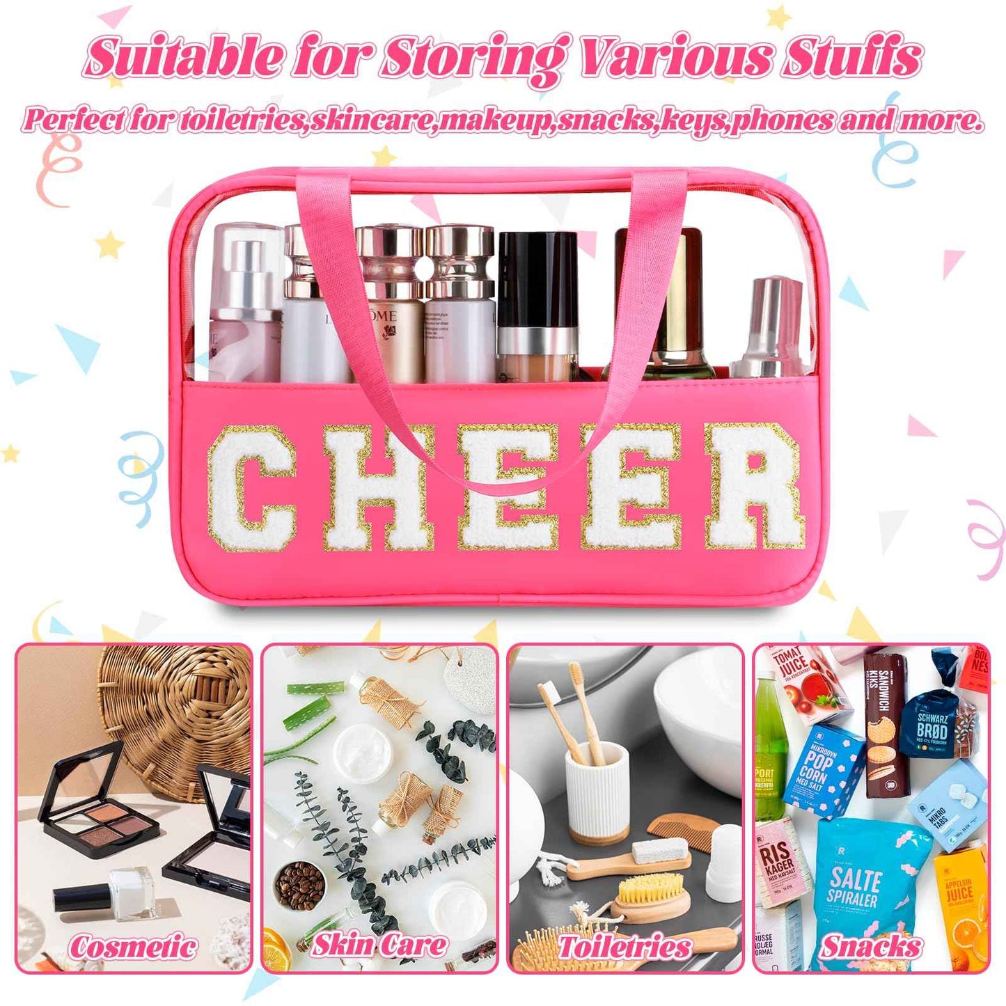 BuyCard Cheer Chenille Letter Bags Clear Makeup Bag, Cheerleader Gift Cosmetic Bag for Travel Zipper Pouch with Handle Cheer Accessories, Nylon & PVC Waterproof Toiletry Organizer Bag for Women Girls
