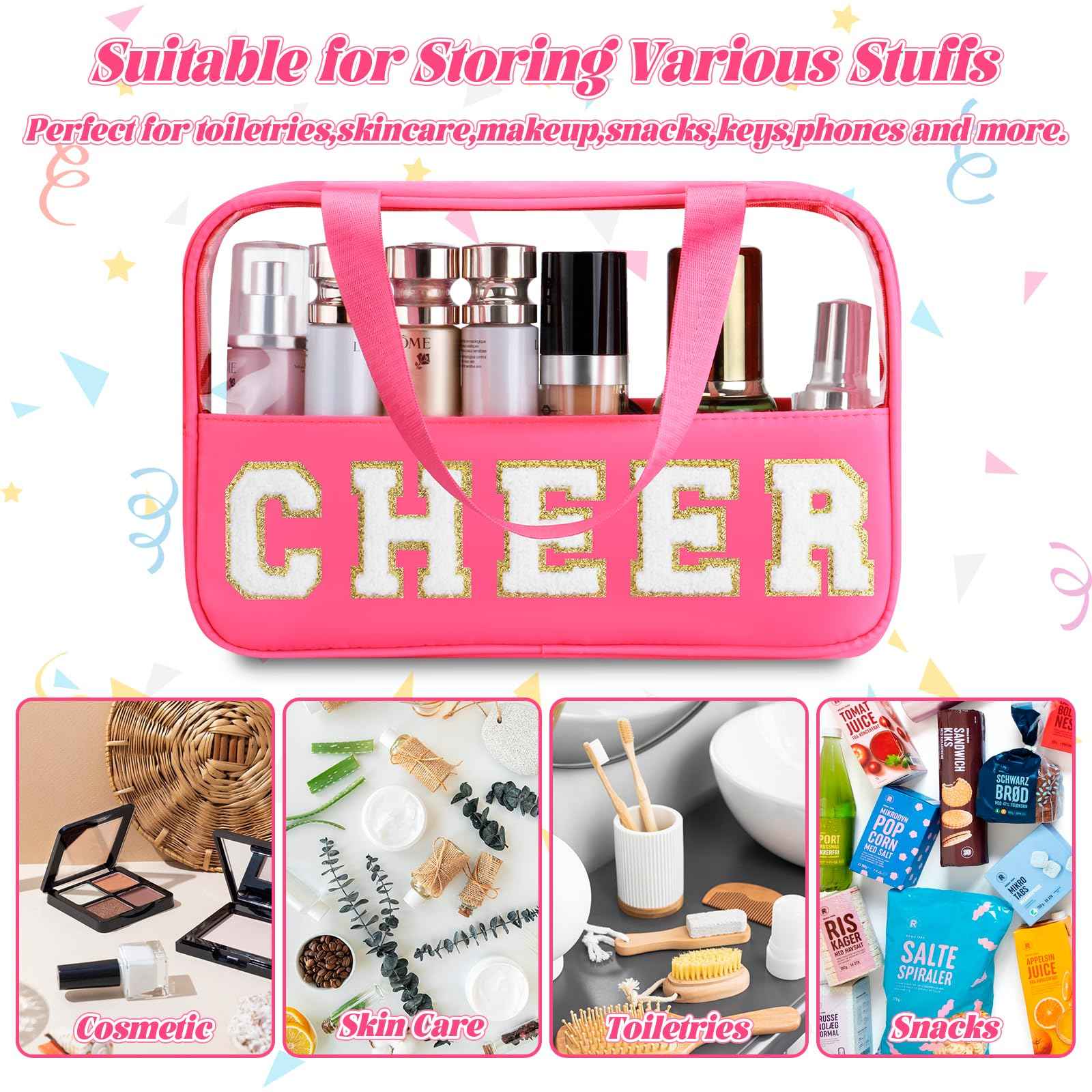 BuyCard Cheer Chenille Letter Bags Clear Makeup Bag, Cheerleader Gift Cosmetic Bag for Travel Zipper Pouch with Handle Cheer Accessories, Nylon & PVC Waterproof Toiletry Organizer Bag for Women Girls
