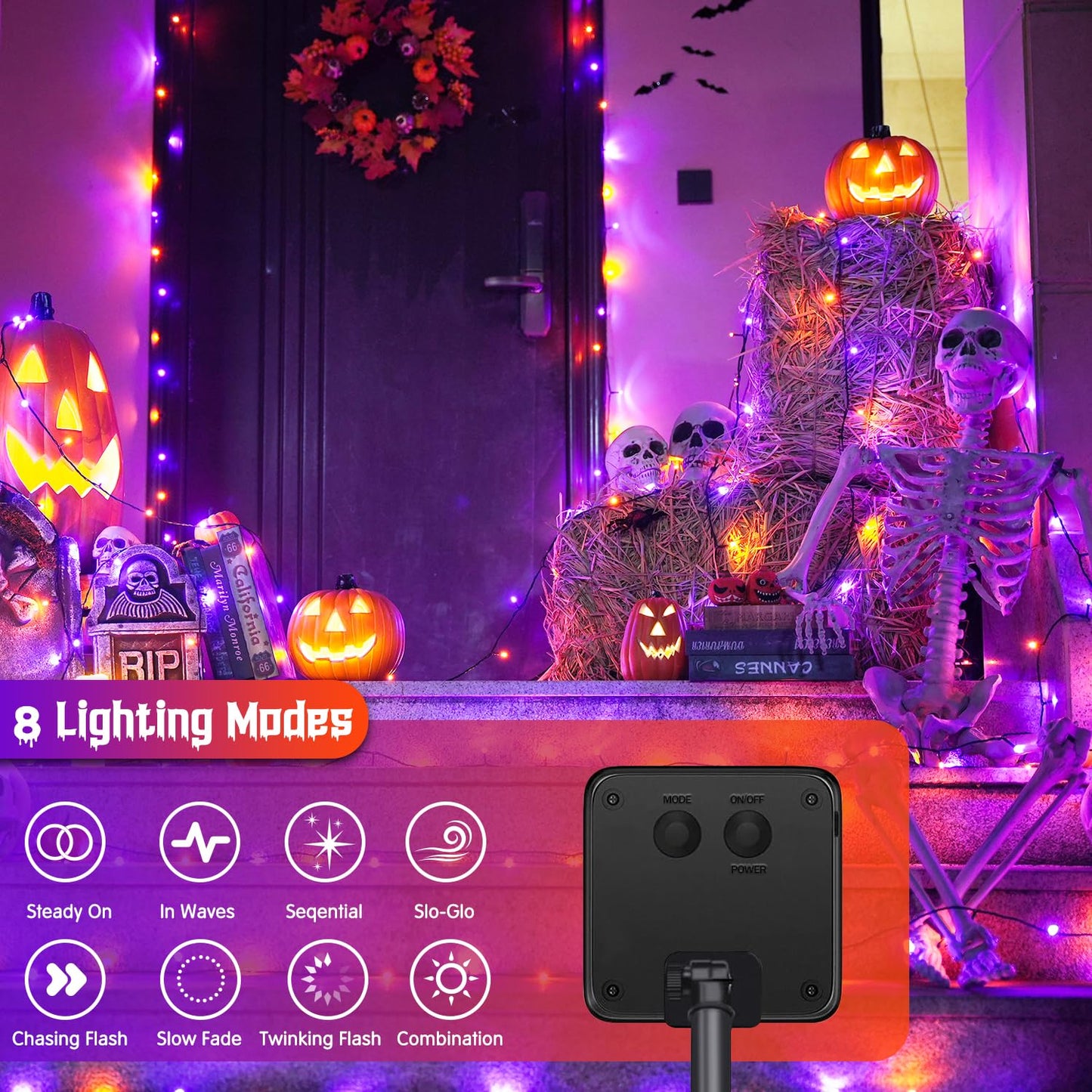 JMEXSUSS 600 LED Orange and Purple Solar Halloween Lights, 206.7ft Solar String Lights Outdoor Waterproof, 8 Modes Halloween Lights for Christmas Tree Patio Yard Garden Halloween Decorations